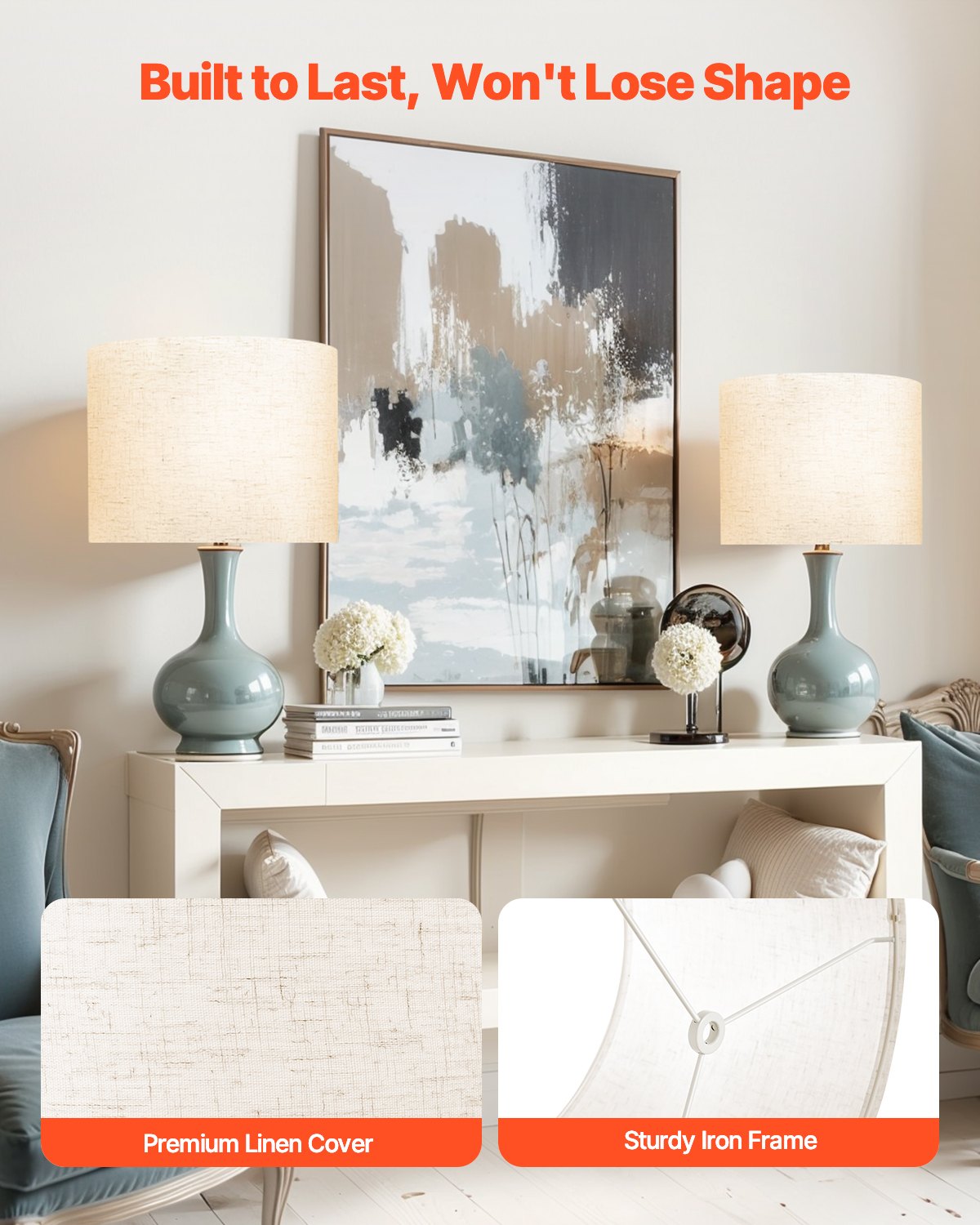 Abażur bębnowy VEVOR 40 x 40 x 30 cm (góra x dół x wysokość), 2 szt. len + wymienne abażury z tworzywa PVC, abażur z harfą do lamp stołowych, podłogowych, wiszących (jasny len)