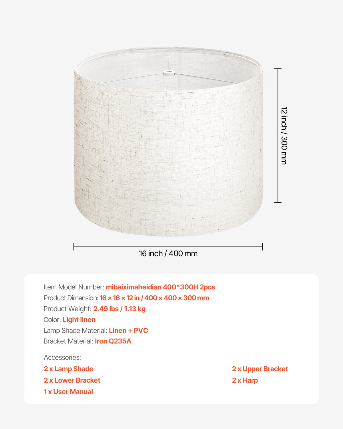 Abażur bębnowy VEVOR 40 x 40 x 30 cm (góra x dół x wysokość), 2 szt. len + wymienne abażury z tworzywa PVC, abażur z harfą do lamp stołowych, podłogowych, wiszących (jasny len)