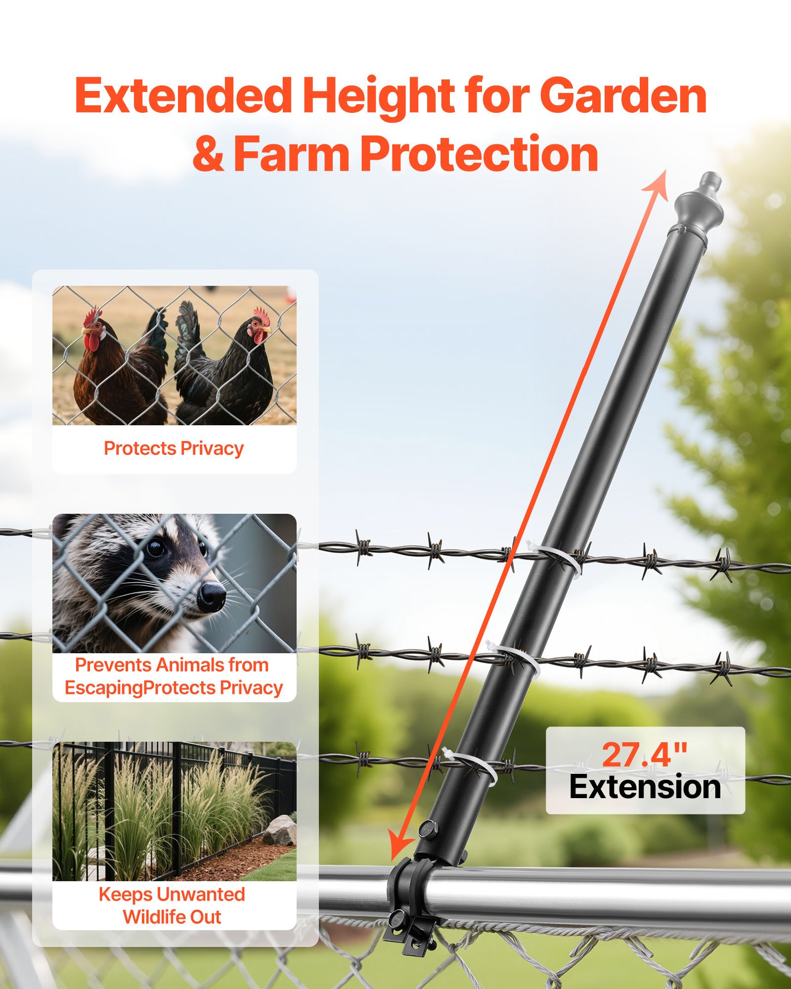 VEVOR Chain Link Fence Extensions, 9 Packs 695 mm Extension Height, Galvanized Post Extender for 32 to 38 mm Top of Fence, U Bracket, Barbed Wire Extend Arm for Privacy, Prevent Dogs Jumping Out
