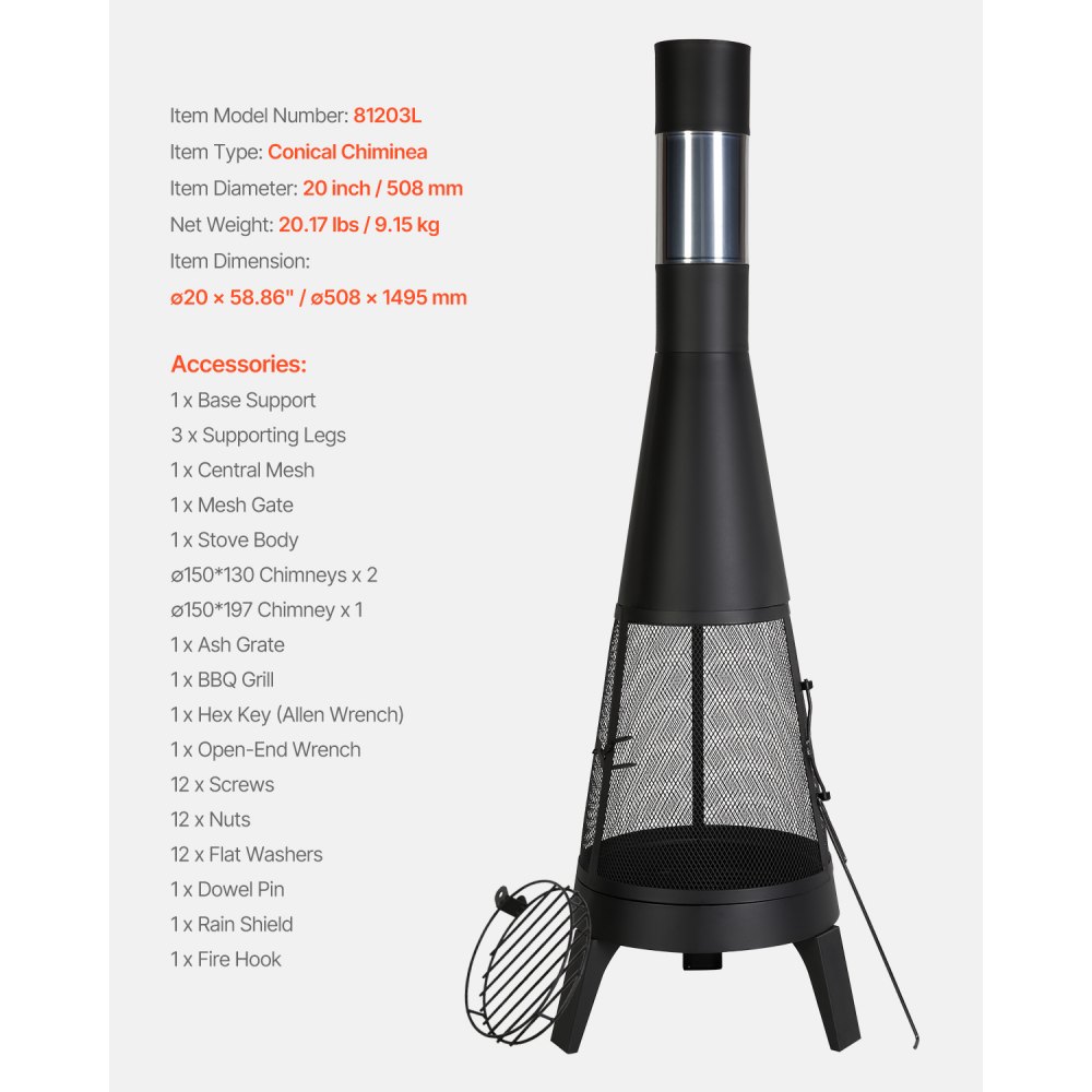 VEVOR Garden Fireplace, φ508x1495 mm Patio Heater, Conical Fireplace for Grilling & Heating, Aztec Outdoor Oven with Grill Grate, Fireplace Casing & Stainless Steel Chimney Cap, for Patio, Garden, Backyard