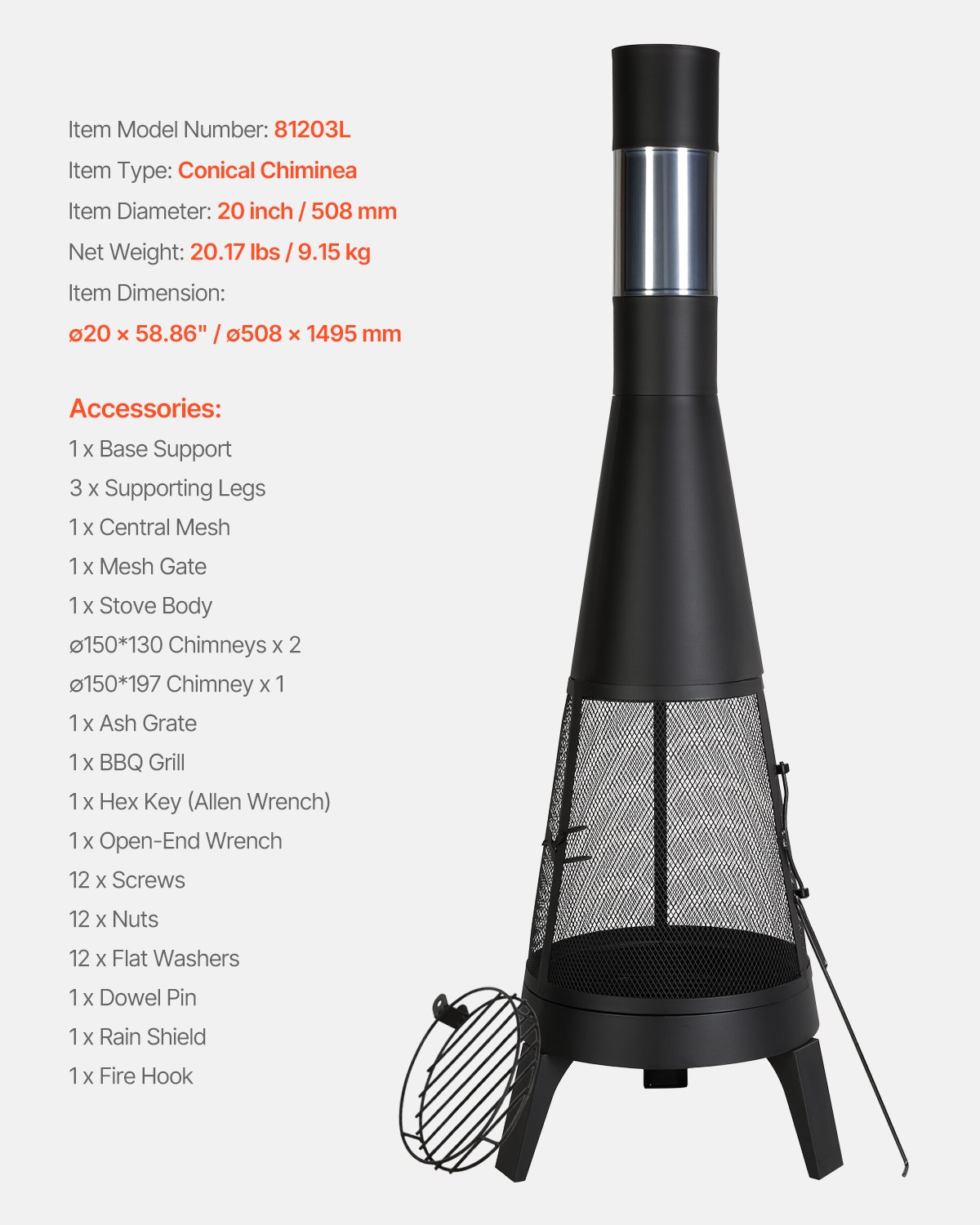 VEVOR Garden Fireplace, φ508x1495 mm Patio Heater, Conical Fireplace for Grilling & Heating, Aztec Outdoor Oven with Grill Grate, Fireplace Casing & Stainless Steel Chimney Cap, for Patio, Garden, Backyard