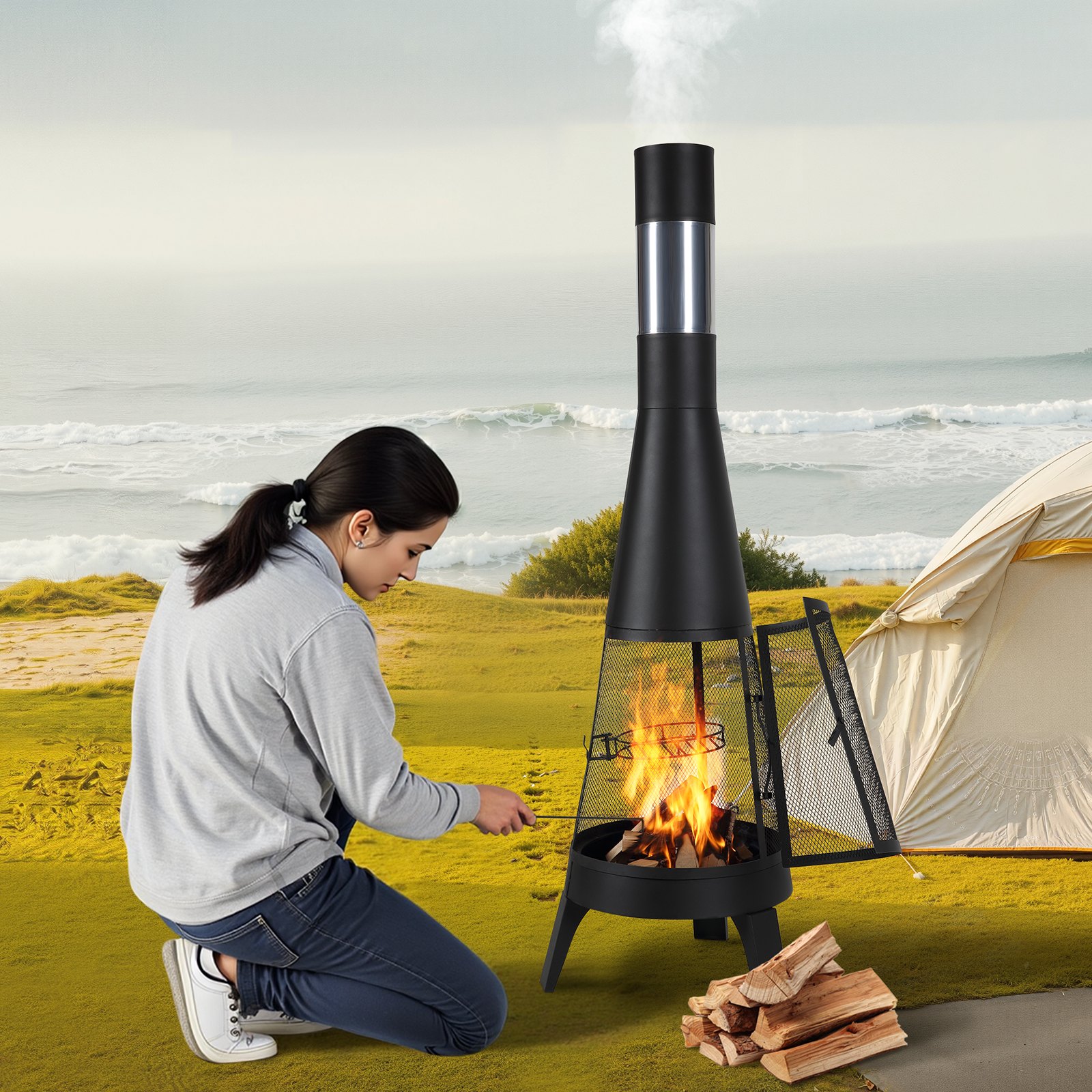 VEVOR Garden Fireplace, φ508x1495 mm Patio Heater, Conical Fireplace for Grilling & Heating, Aztec Outdoor Oven with Grill Grate, Fireplace Casing & Stainless Steel Chimney Cap, for Patio, Garden, Backyard
