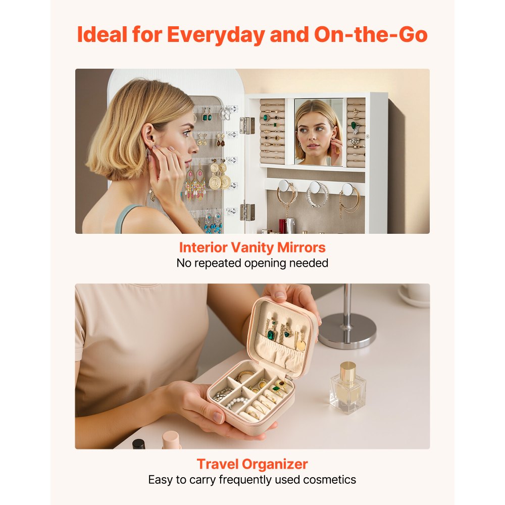 Szafka na biżuterię VEVOR, wysokość 108 cm, lustro na całej długości z miejscem do przechowywania, do montażu na ścianie/na drzwiach, organizer do szafki na biżuterię, zaokrąglony kształt, zamykana na 2 klucze i organizer podróżny, kolor biały