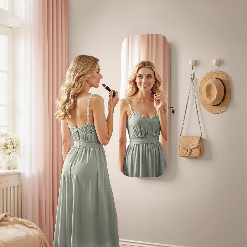 Szafka na biżuterię VEVOR, wysokość 108 cm, lustro na całej długości z miejscem do przechowywania, do montażu na ścianie/na drzwiach, organizer do szafki na biżuterię, zaokrąglony kształt, zamykana na 2 klucze i organizer podróżny, kolor biały