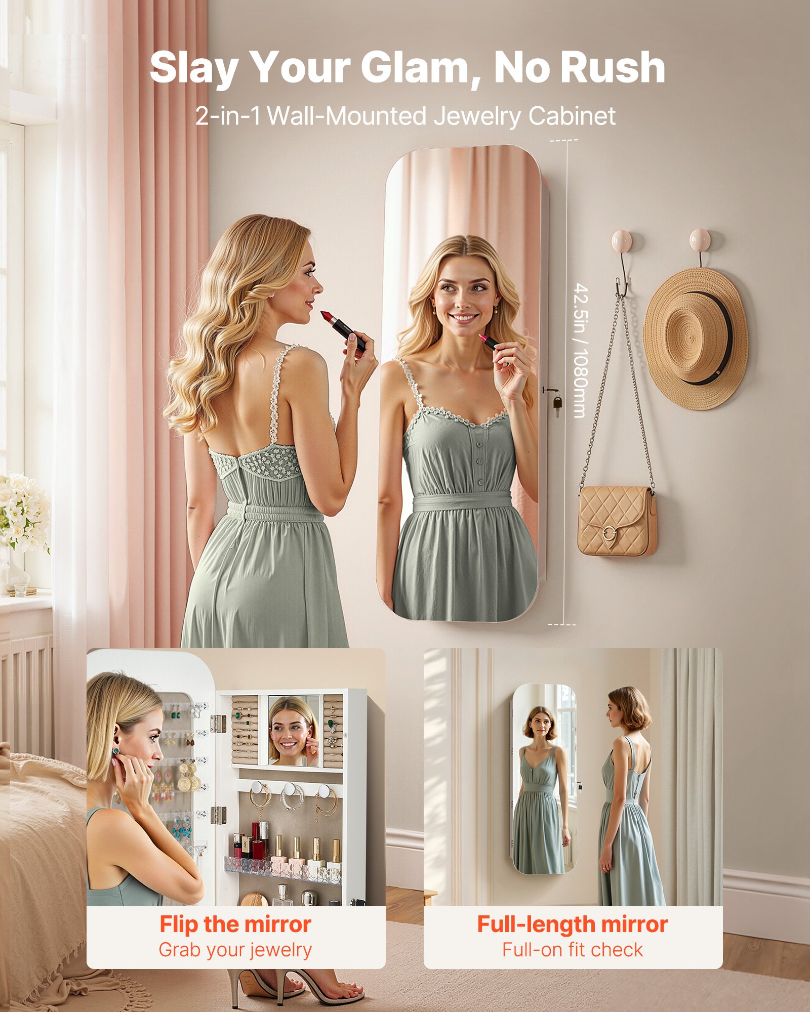 VEVOR Mirror Jewelry Cabinet, 1080 mm Tall, Full-Length Mirror with Storage, Wall Mount/Over the Door Jewelry Armoire Organizer, Rounded Design, Lockable with 2 Keys and a Travel Organizer, White