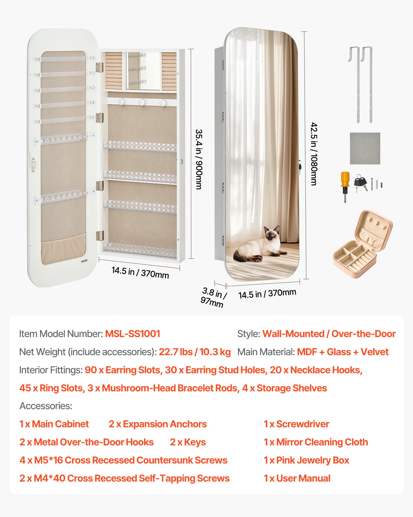 VEVOR Mirror Jewelry Cabinet, 1080 mm Tall, Full-Length Mirror with Storage, Wall Mount/Over the Door Jewelry Armoire Organizer, Rounded Design, Lockable with 2 Keys and a Travel Organizer, White