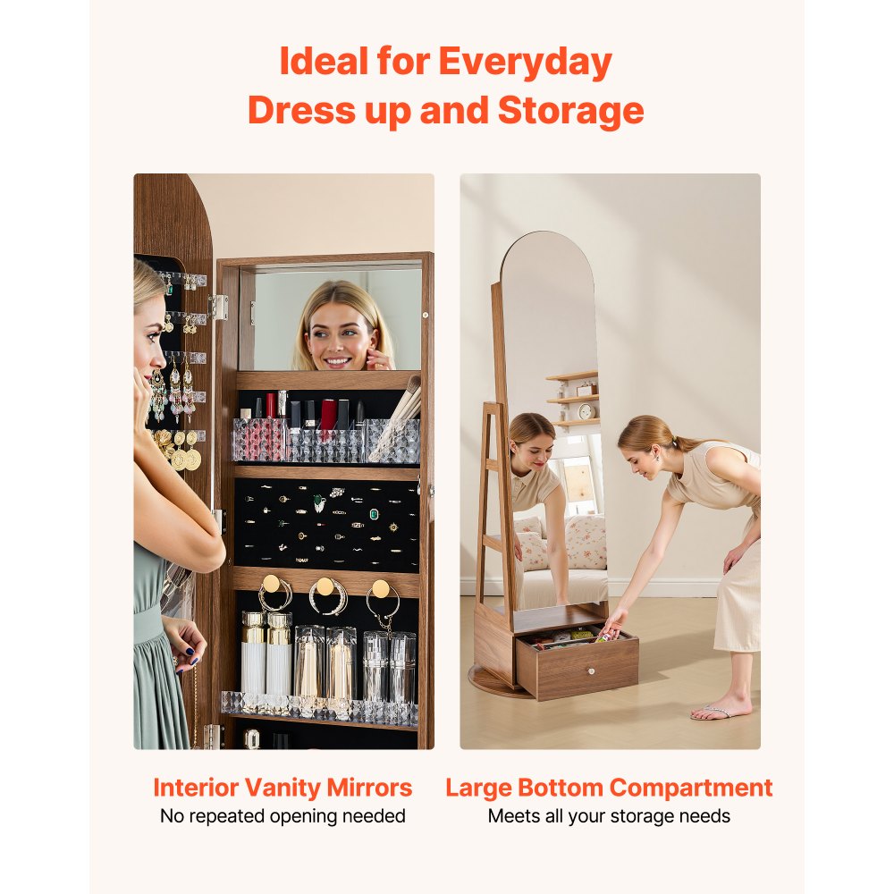 VEVOR 360° Swivel Jewelry Cabinet, 1655 mm Tall, Full-Length Mirror with Storage, Standing Rotatable Jewelry Armoire Organizer, Lockable with 2 Keys, Accessory Pouches, Storage Shelves and Drawer