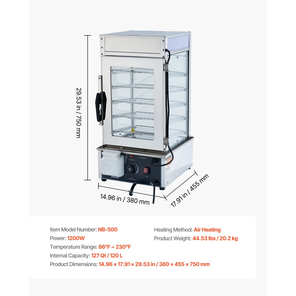 VEVOR 5-poziomowy komercyjny podgrzewacz do żywności 120 l, temperatura od 30 do 110°C, parowar do chleba o mocy 1200 W z oświetleniem LED, regulowanymi półkami i ramą ze stali nierdzewnej, witryna grzewcza do hamburgerów i chleba Mantou