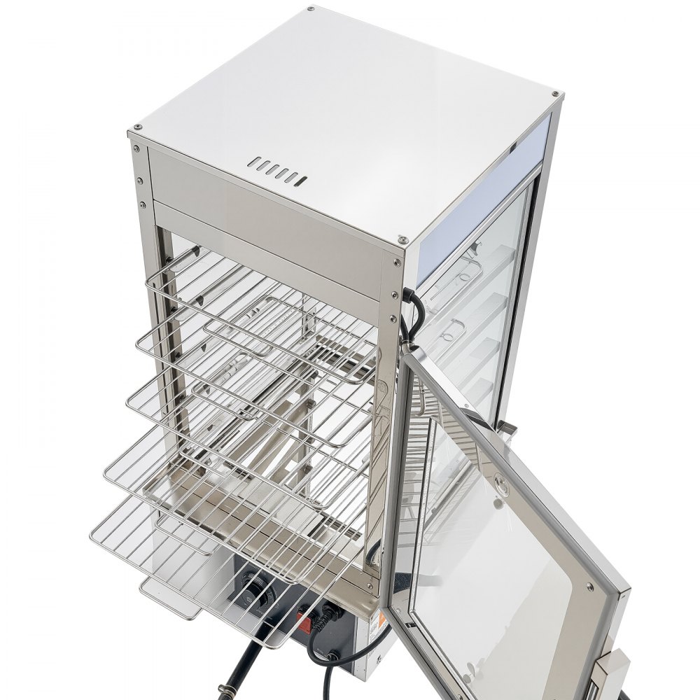VEVOR 5-poziomowy komercyjny podgrzewacz do żywności 120 l, temperatura od 30 do 110°C, parowar do chleba o mocy 1200 W z oświetleniem LED, regulowanymi półkami i ramą ze stali nierdzewnej, witryna grzewcza do hamburgerów i chleba Mantou