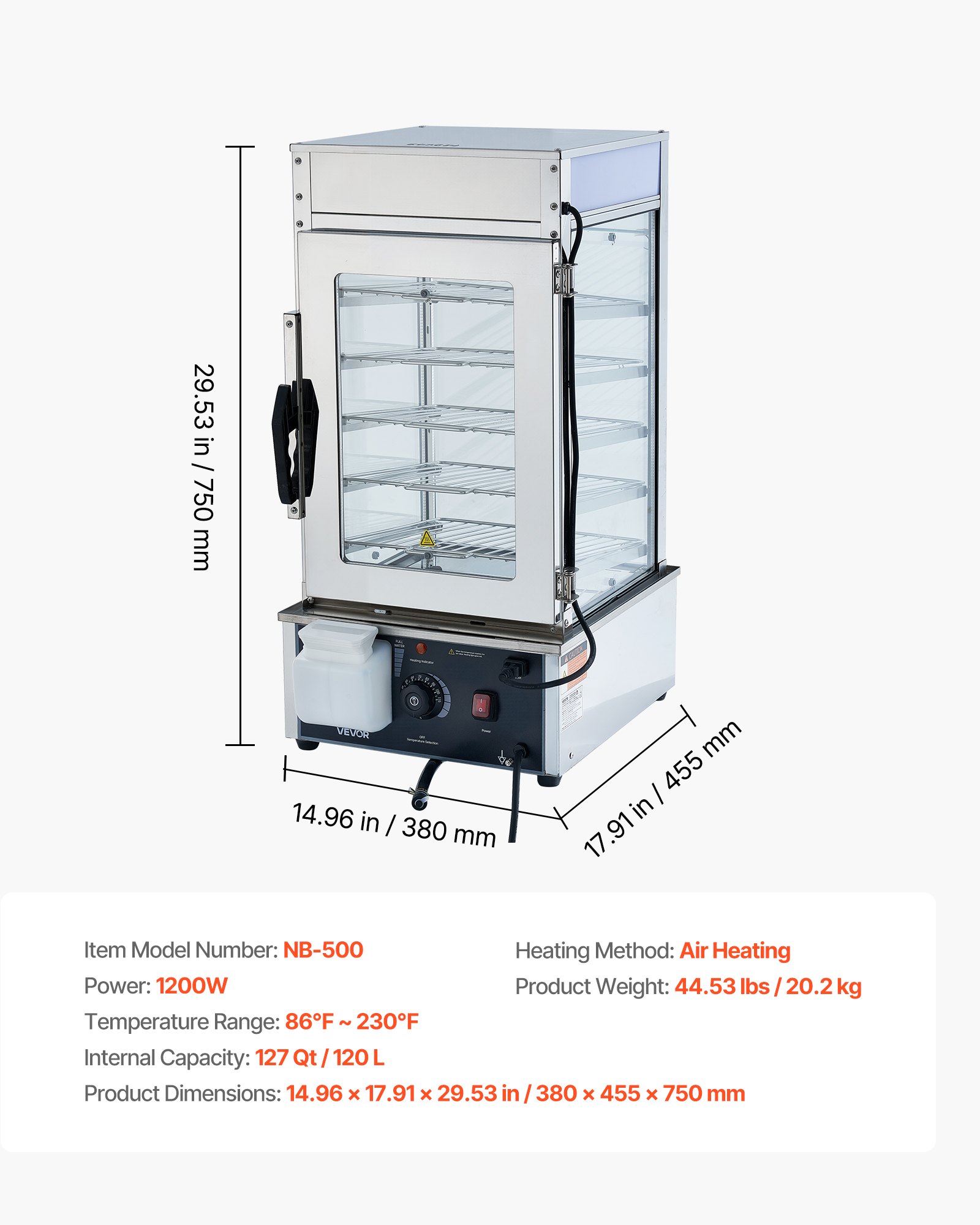 VEVOR 5-poziomowy komercyjny podgrzewacz do żywności 120 l, temperatura od 30 do 110°C, parowar do chleba o mocy 1200 W z oświetleniem LED, regulowanymi półkami i ramą ze stali nierdzewnej, witryna grzewcza do hamburgerów i chleba Mantou
