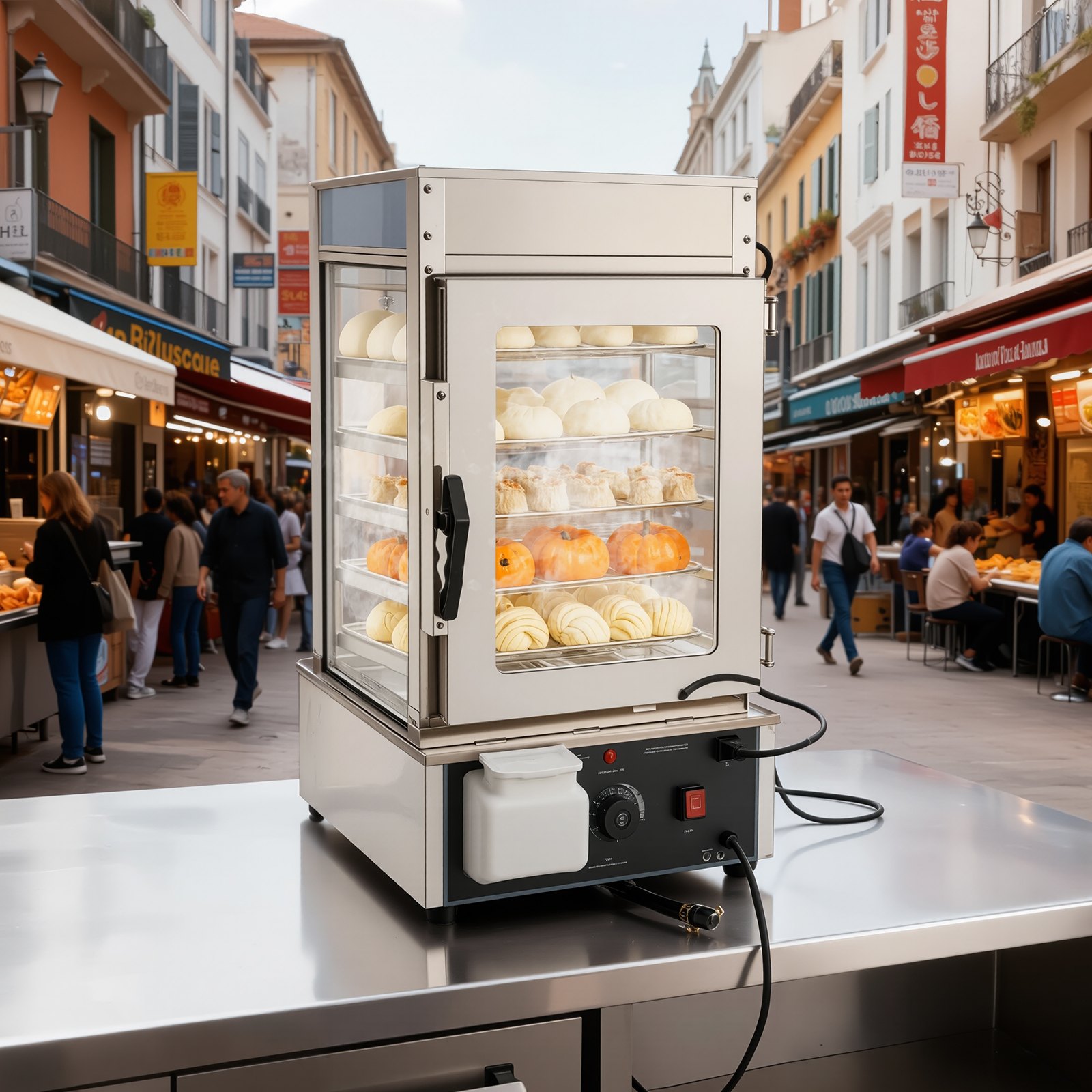VEVOR 5-poziomowy komercyjny podgrzewacz do żywności 120 l, temperatura od 30 do 110°C, parowar do chleba o mocy 1200 W z oświetleniem LED, regulowanymi półkami i ramą ze stali nierdzewnej, witryna grzewcza do hamburgerów i chleba Mantou