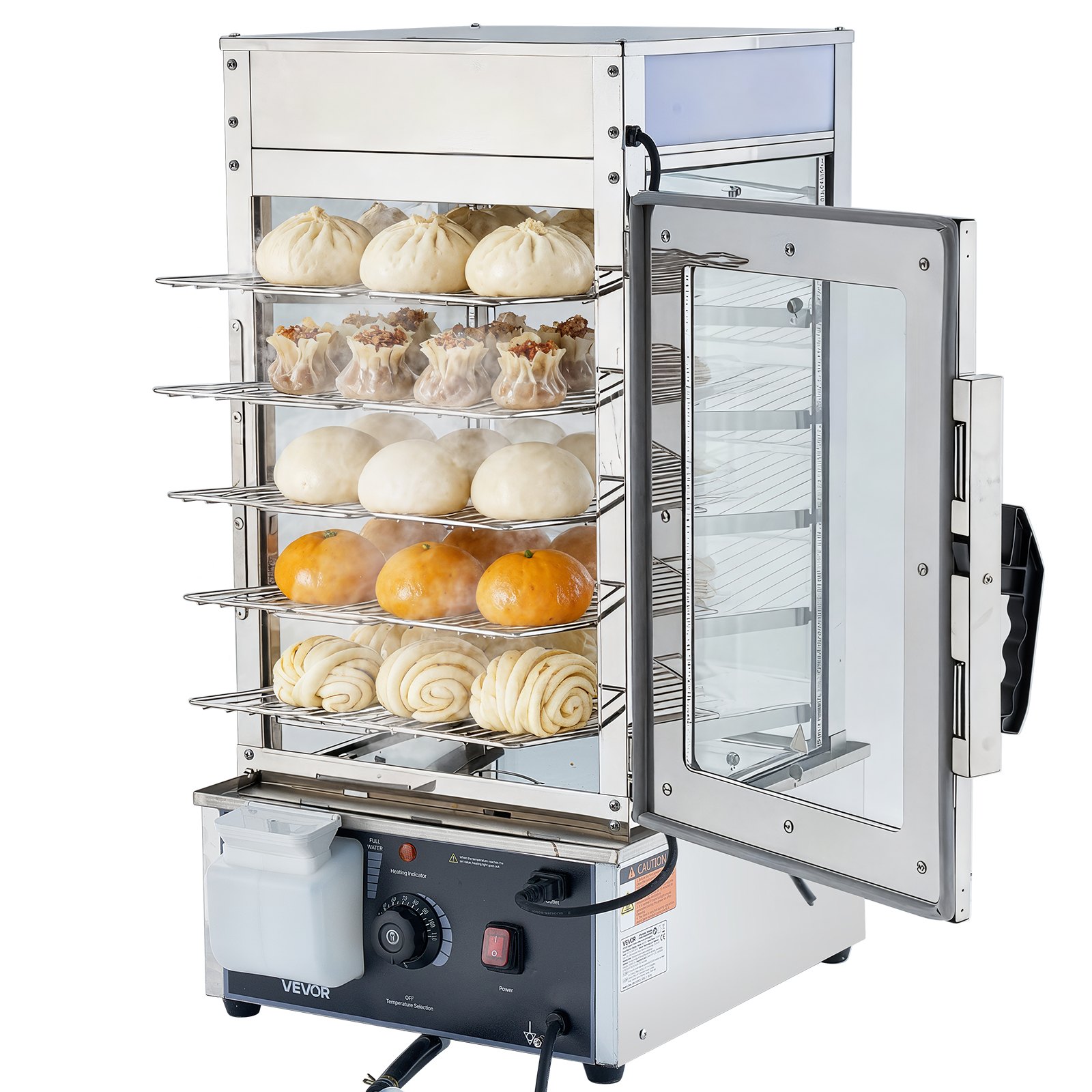 VEVOR 5-poziomowy komercyjny podgrzewacz do żywności 120 l, temperatura od 30 do 110°C, parowar do chleba o mocy 1200 W z oświetleniem LED, regulowanymi półkami i ramą ze stali nierdzewnej, witryna grzewcza do hamburgerów i chleba Mantou