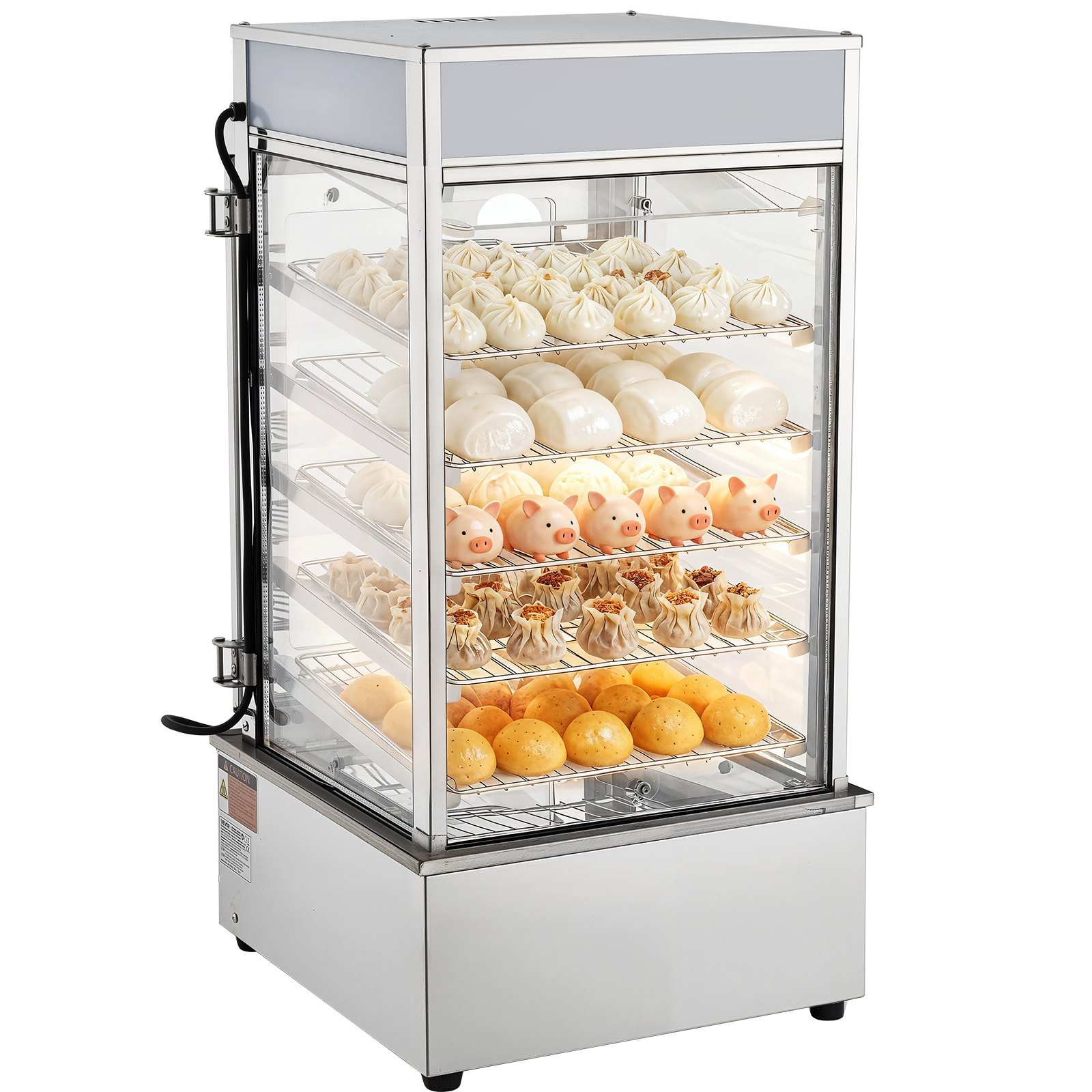 VEVOR 5-poziomowy komercyjny podgrzewacz do żywności 120 l, temperatura od 30 do 110°C, parowar do chleba o mocy 1200 W z oświetleniem LED, regulowanymi półkami i ramą ze stali nierdzewnej, witryna grzewcza do hamburgerów i chleba Mantou