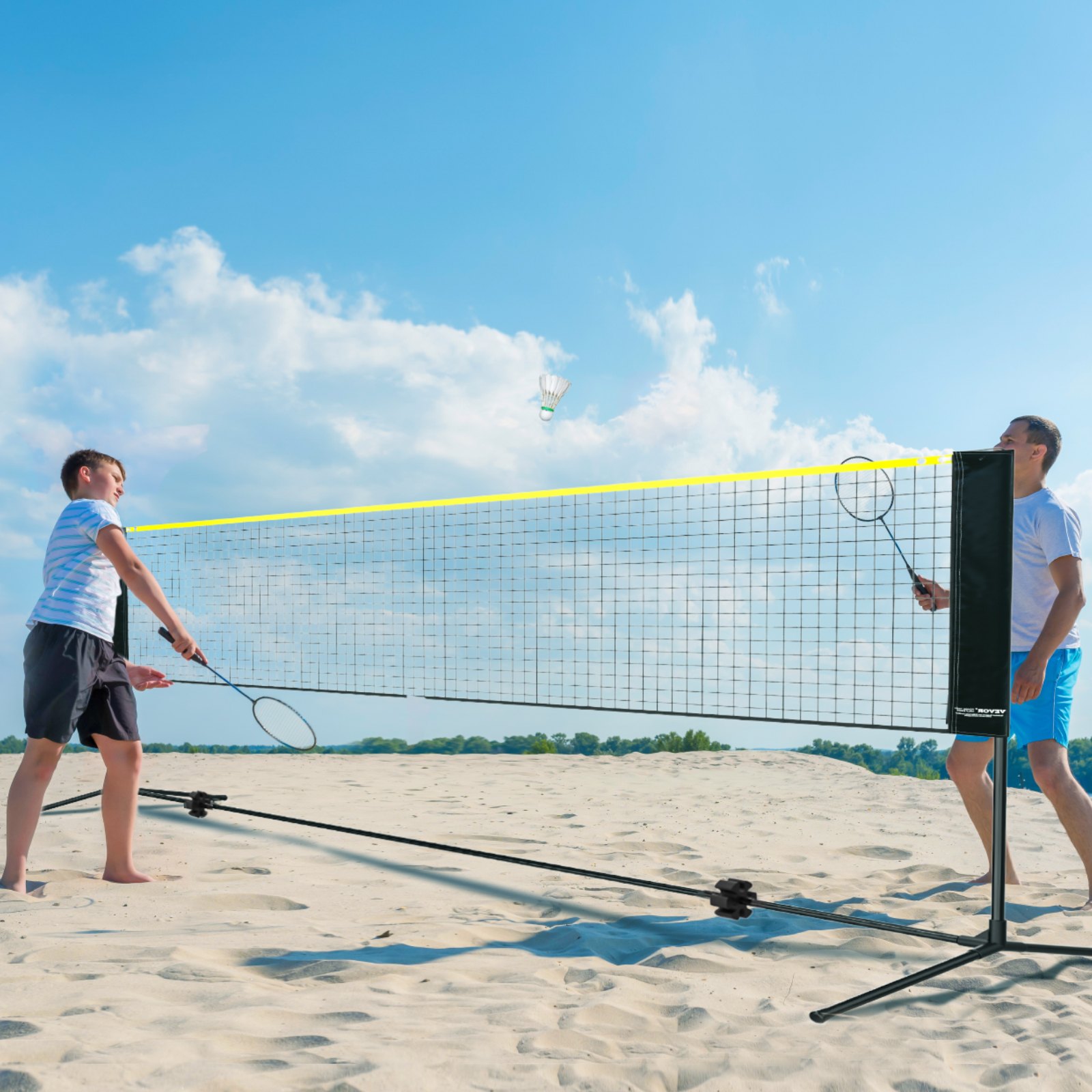 Siatka do badmintona VEVOR z regulacją wysokości, składana siatka do pickleballa o długości 5,2 m, przenośny zestaw siatek do tenisa ze słupkami, stojakiem i torbą transportową, do uprawiania sportu i ćwiczeń fitness w ogrodzie.