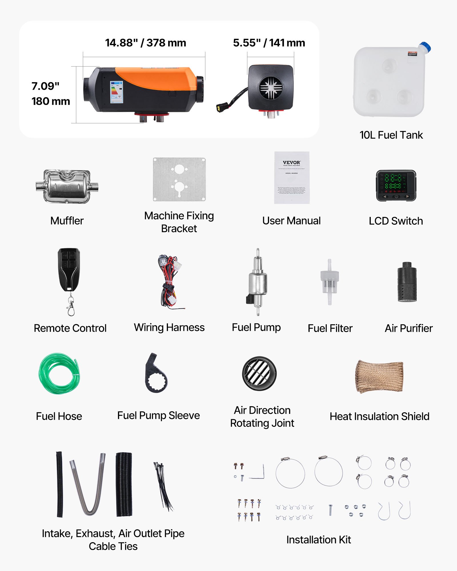 Nagrzewnica powietrza VEVOR Diesel 12-24V 8KW, szybko nagrzewająca się z pilotem, cyfrowym kolorowym wyświetlaczem i 10-litrowym zbiornikiem paliwa, cicha, do przyczep kempingowych, ciężarówek i łodzi
