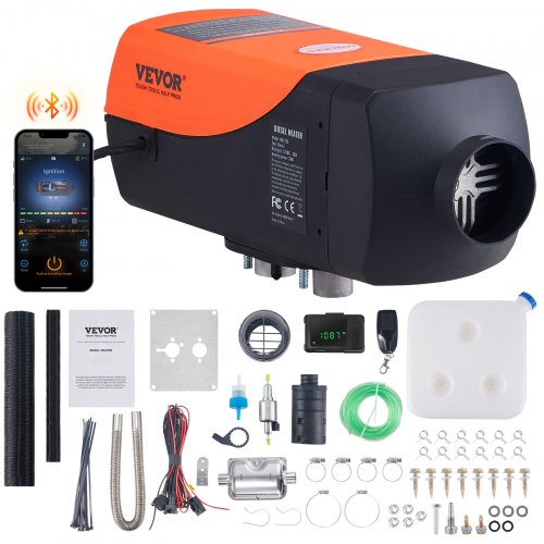 VEVOR nagrzewnica postojowa na olej napędowy 12V 2KW nagrzewnica powietrza nagrzewnica postojowa na olej napędowy nagrzewnica powietrza 0.12-0.26L/godz. Podgrzewacz diesla z wyświetlaczem LCD i pilotem oraz aplikacją Bluetooth