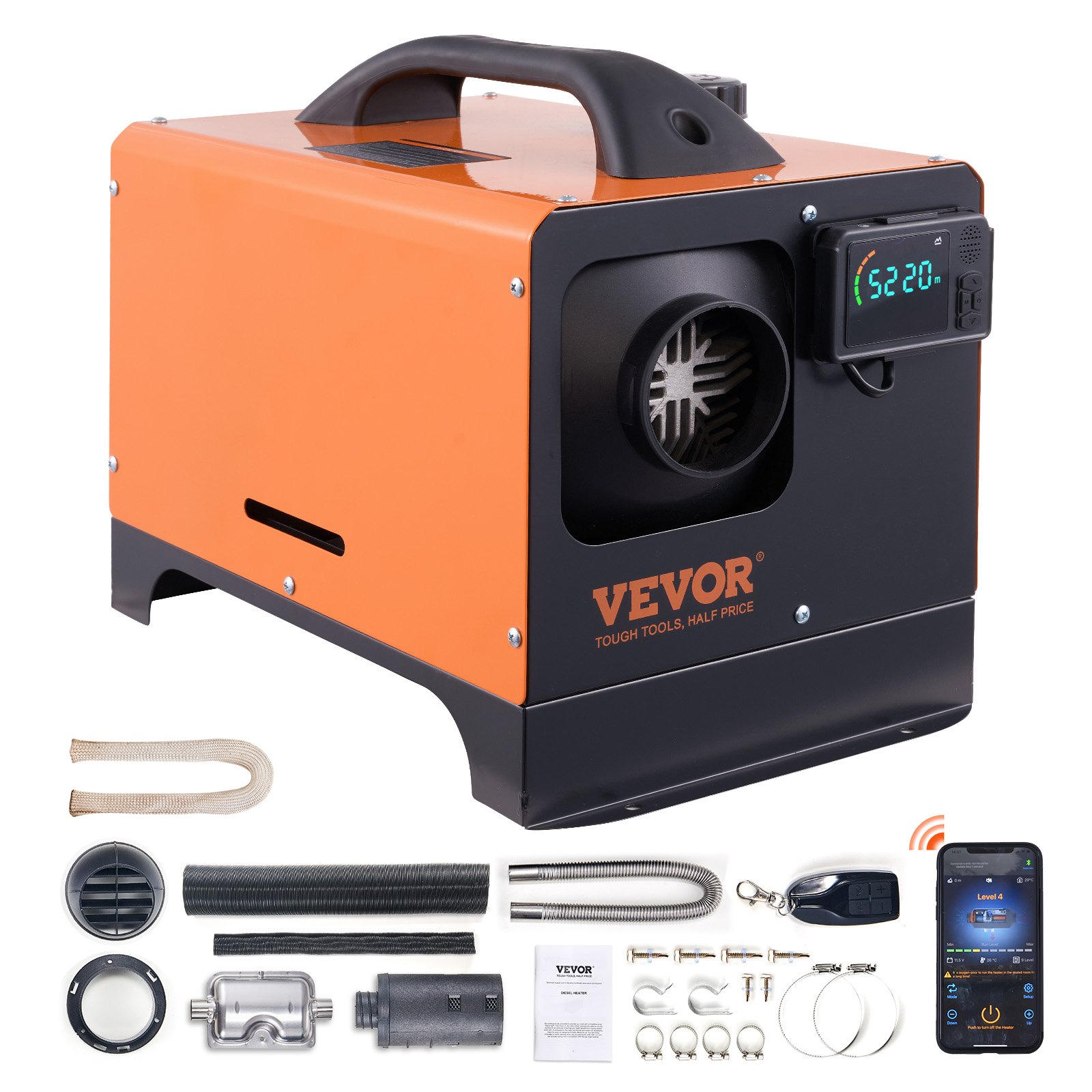 Nagrzewnica powietrza VEVOR 12V 5-8KW, nagrzewnica powietrza na olej napędowy, ogrzewanie postojowe, 0,16-0,62 l/h. Nagrzewnica samochodowa na olej napędowy z wyświetlaczem LCD, pilotem i aplikacją Bluetooth