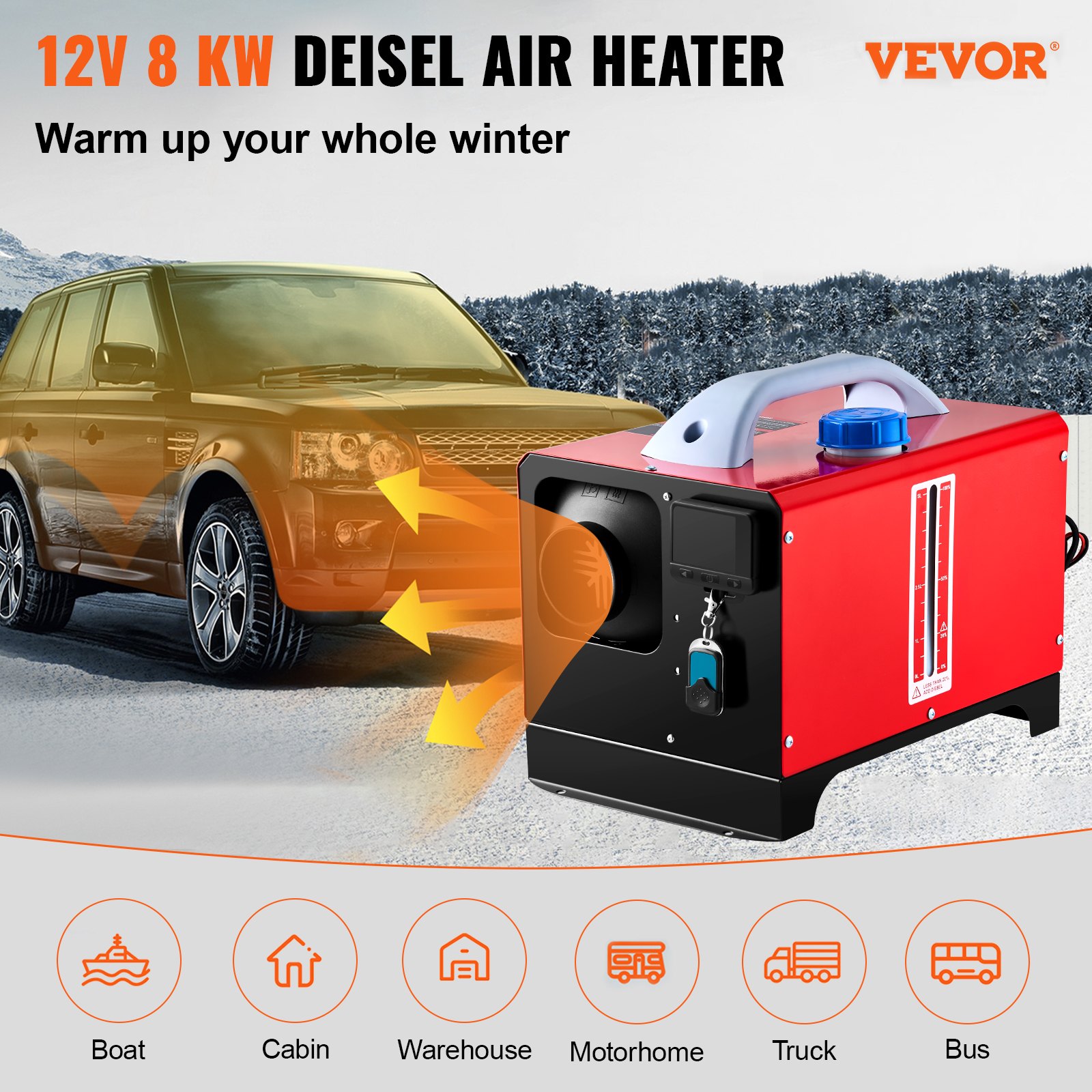 VEVOR 12V Diesel Car Fuel-Powered Parking Heater, Diesel Air Heater 8 KW, Air Diesel Heater for Car RV Truck Camper Bus with Remote Control, Red LCD Switch & 1 Air Outlet