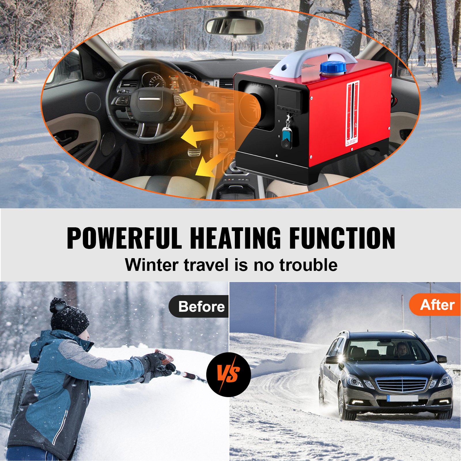 VEVOR 12V Diesel Car Fuel-Powered Parking Heater, Diesel Air Heater 8 KW, Air Diesel Heater for Car RV Truck Camper Bus with Remote Control, Red LCD Switch & 1 Air Outlet