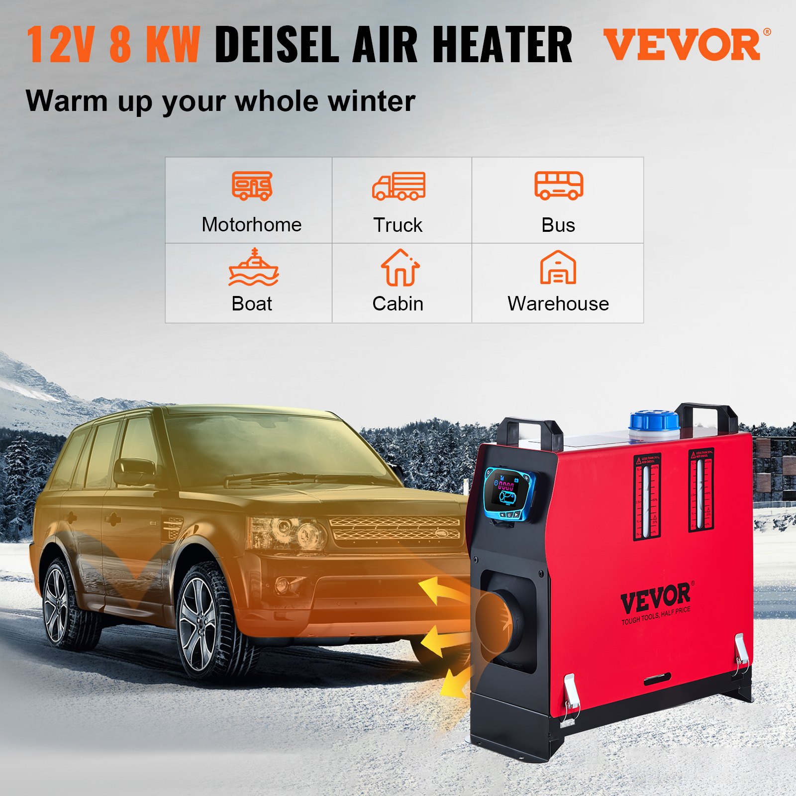 Ogrzewanie postojowe VEVOR Diesel Diesel Air Heater 12 V 8 kW 0,18-0,48 l Ogrzewanie postojowe, ogrzewanie powietrza Diesel Ogrzewanie powietrza Diesel Ogrzewanie postojowe powietrza do samochodu, kampera, łodzi, ciężarówki, kampera, autobusu