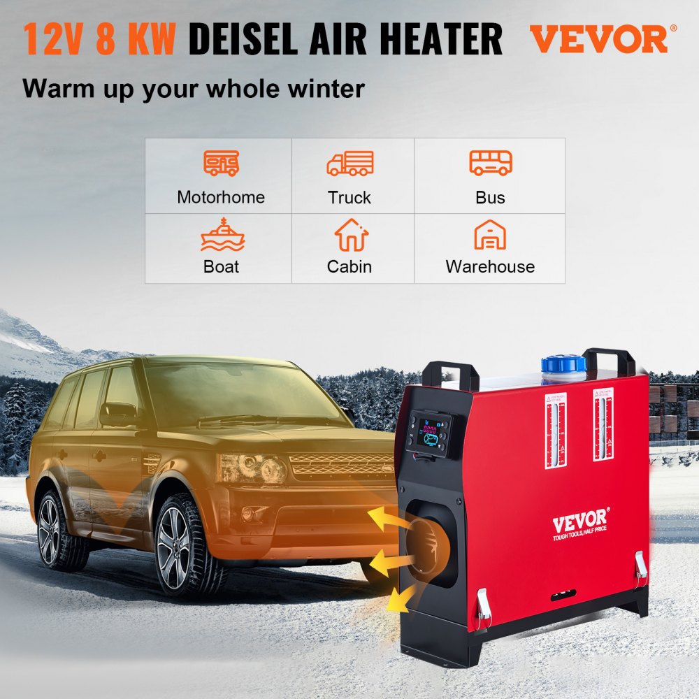 Nagrzewnica powietrza VEVO 12V 5-8KW diesel, ogrzewanie postojowe diesel, nagrzewnica powietrza diesel, nagrzewnica powietrza diesel, ogrzewanie postojowe powietrzne do samochodów ciężarowych, kamperów, autobusów z przełącznikiem LCD, 1 wyjście powietrza