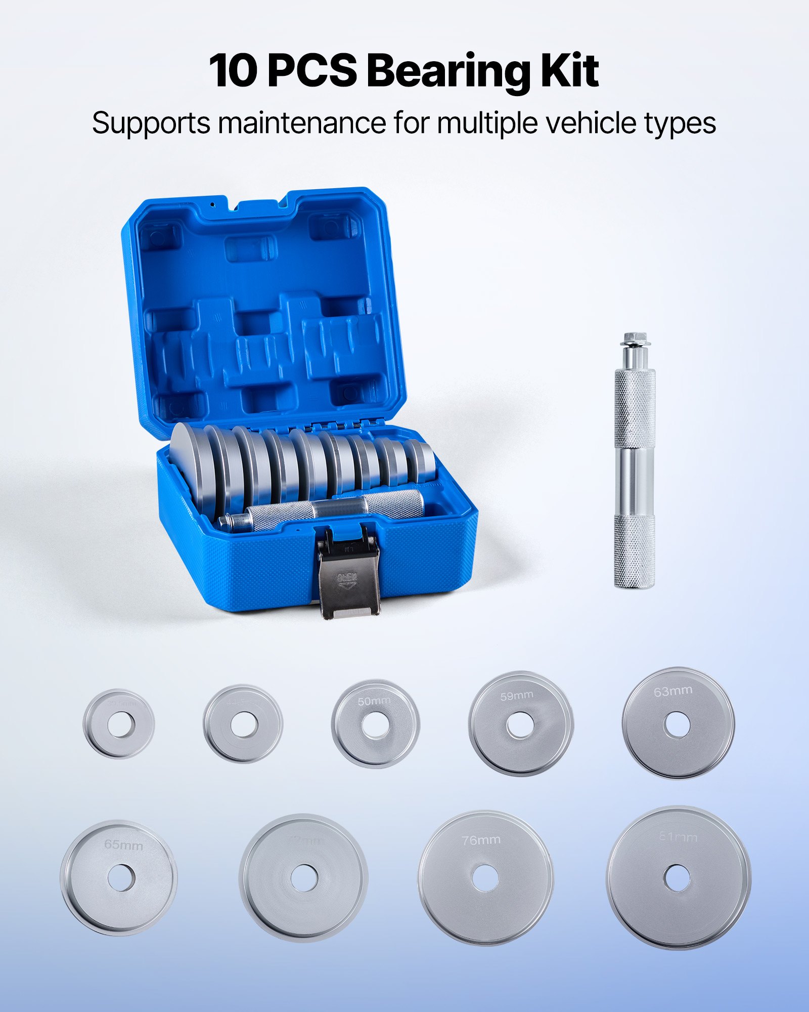 VEVOR Bearing Press Kit, 10 Pcs, Bearing Race and Seal Driver Set with 9 Bushings and Handle Shaft, Bushing Driver Tool Set, Heavy Duty Aluminum Alloy Removal Installation Tool Kit with Storage Case