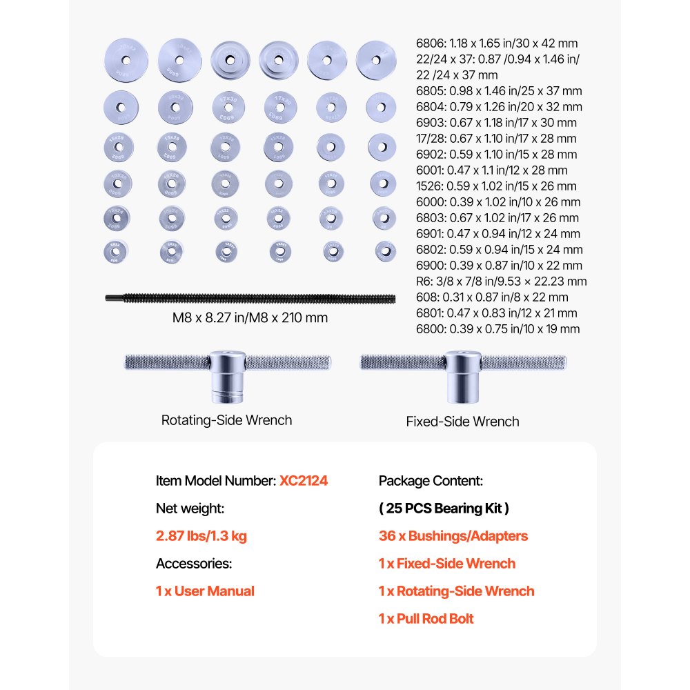 Zestaw prasy do łożysk VEVOR, 25-częściowy zestaw narzędzi do montażu uszczelek bieżni łożysk z tulejami i kluczami, zestaw narzędzi do montażu tulei, do demontażu i montażu, wykonany ze stopu aluminium, z walizką