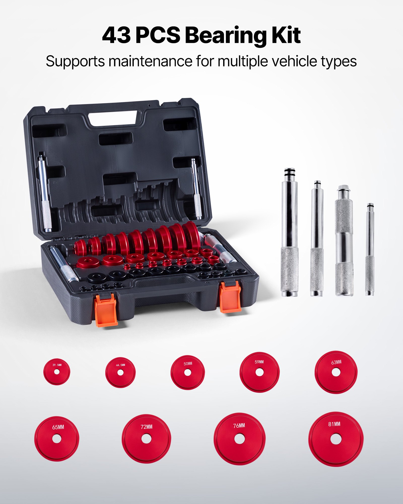 VEVOR Bearing Press Kit, 43 Pcs, Bearing Race and Seal Driver Set with 39 Bushings & Handle Shafts, Bushing Driver Tool Set, Heavy Duty Aluminum Alloy Removal Installation Tool Kit with Storage Case