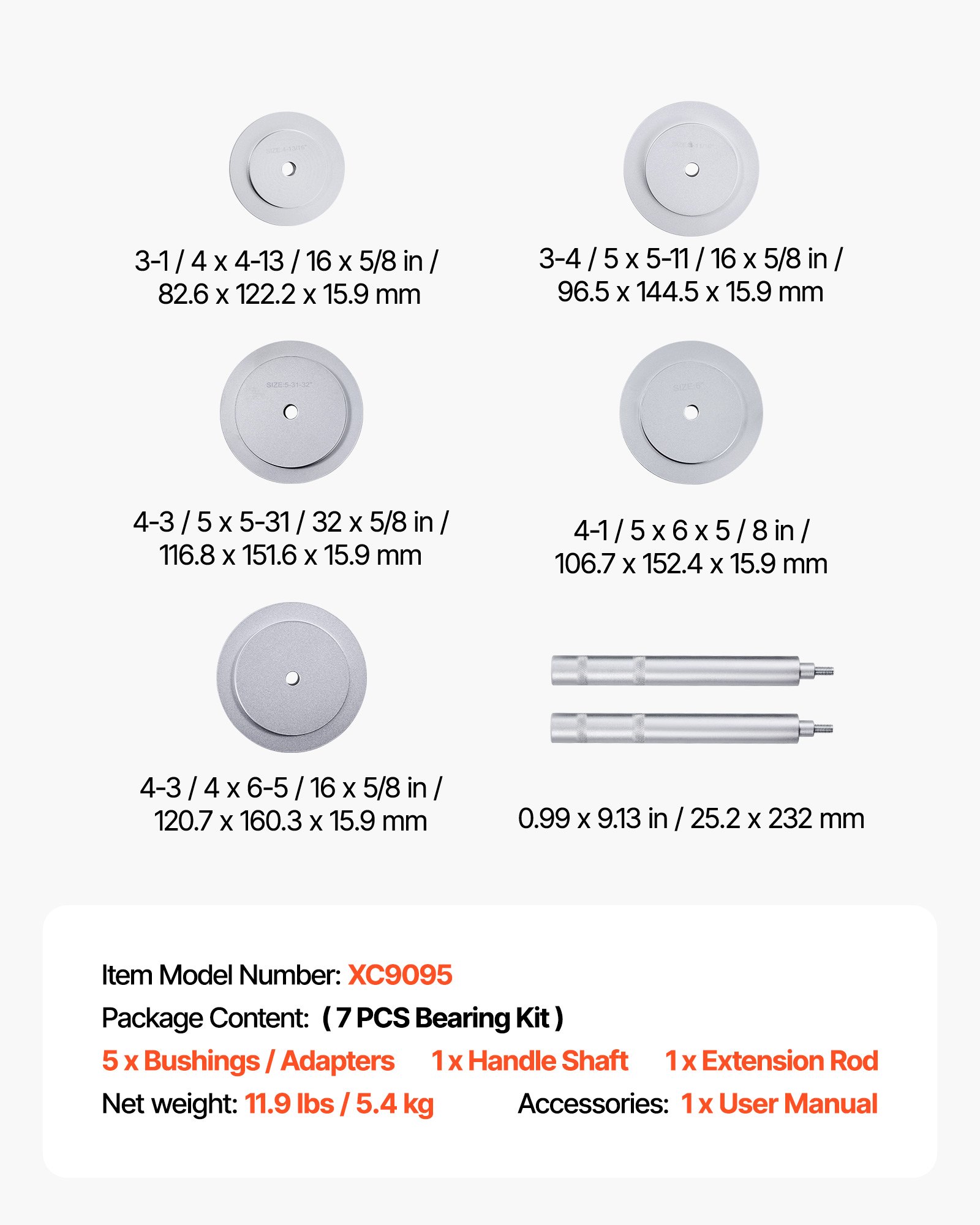 VEVOR Bearing Press Kit, 7 Pcs, Bearing Race and Seal Driver Set with 5 Bushings, Handle Shaft and Extension Rod, Bushing Driver Tool Set, Heavy Duty Removal Installation Tool Kit with Storage Case