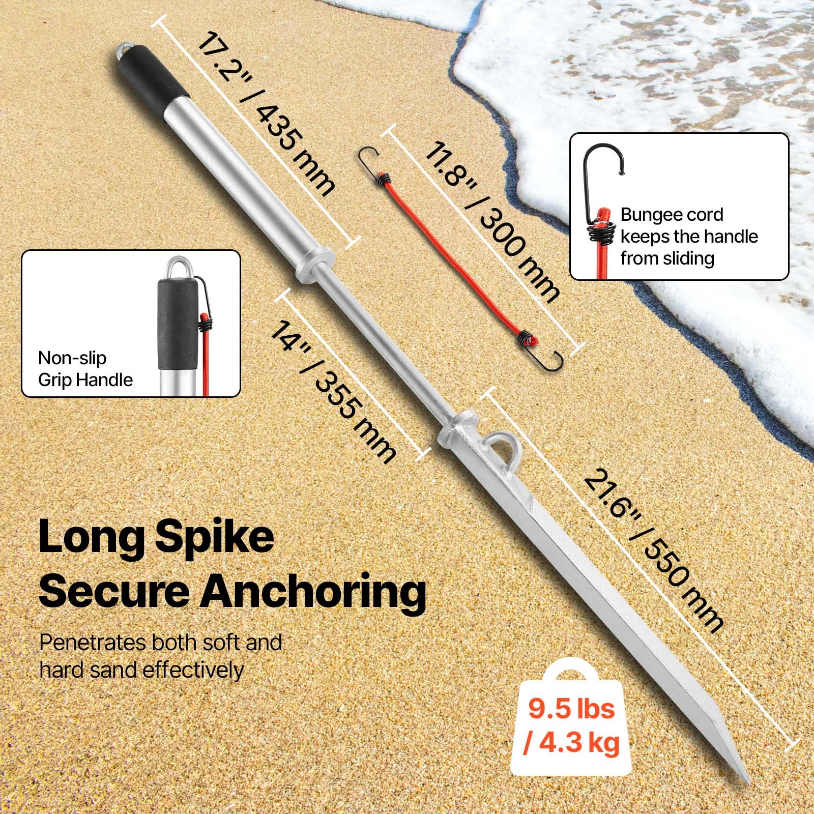 VEVOR Sand Spike Boat Anchor, 90 cm Slide Anchor Shore Spike, Galvanized Carbon Steel Boat Shore Anchors, Shallow Water Beach Anchors, for Securing Jet Ski PWC Pontoon Kayak on Beaches & Sandbars