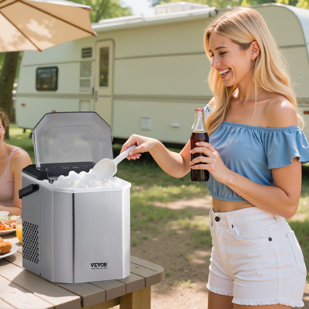 VEVOR Ice Cube Maker Maszyna do robienia kostek lodu 9 kostek w 6 minut, 11,8 kg / 24 godz., przenośna kostkarka do lodu z łyżką i koszykiem, maszyna do lodu w 2 rozmiarach do baru kuchennego, srebrna