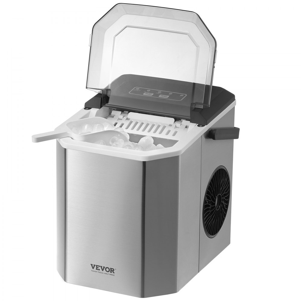 VEVOR Ice Cube Maker Maszyna do robienia kostek lodu 9 kostek w 6 minut, 11,8 kg / 24 godz., przenośna kostkarka do lodu z łyżką i koszykiem, maszyna do lodu w 2 rozmiarach do baru kuchennego, srebrna