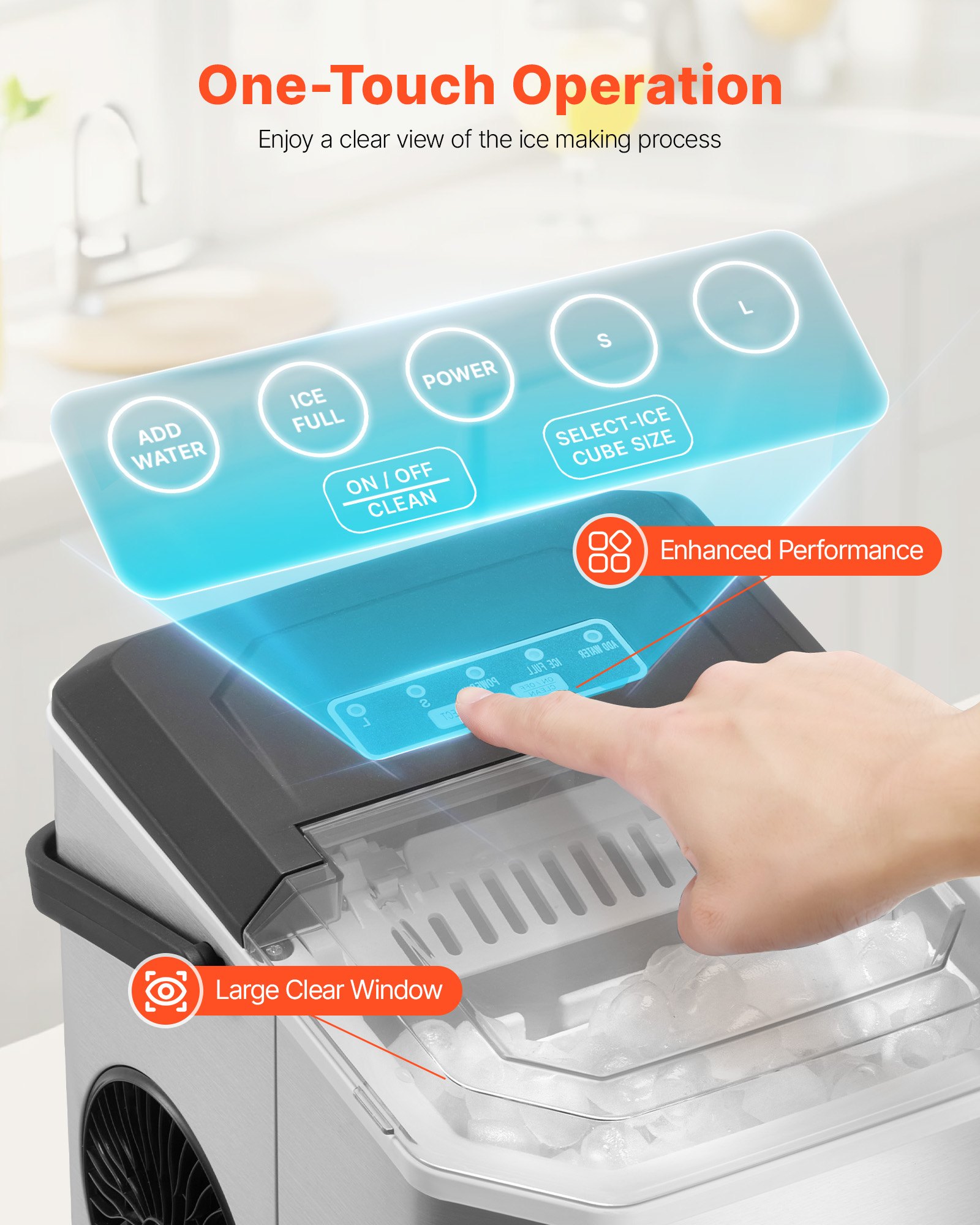 VEVOR Ice Cube Maker Maszyna do robienia kostek lodu 9 kostek w 6 minut, 11,8 kg / 24 godz., przenośna kostkarka do lodu z łyżką i koszykiem, maszyna do lodu w 2 rozmiarach do baru kuchennego, srebrna