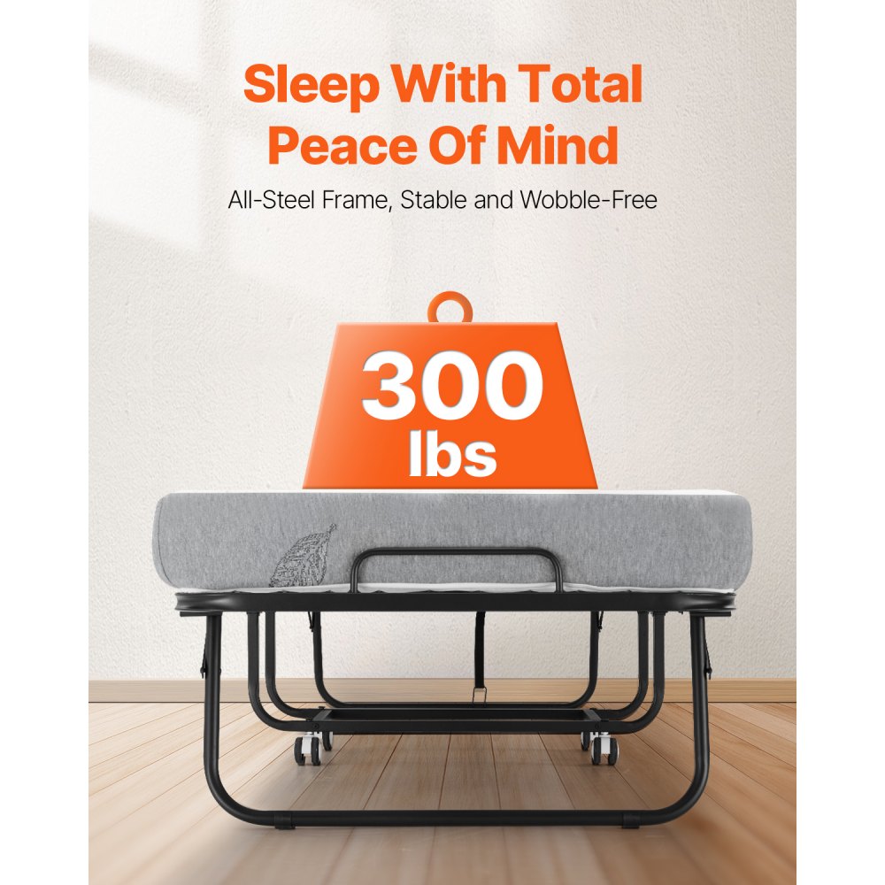 VEVOR Rollaway Bed, Folding Bed with 12.5 cm Mattress, Foldable Single Bed with Memory Foam Mattress (190 x 81 cm), 136.1 kg Load Capacity Guest Bed for Adults, Metal Bed for Bedroom Living Room