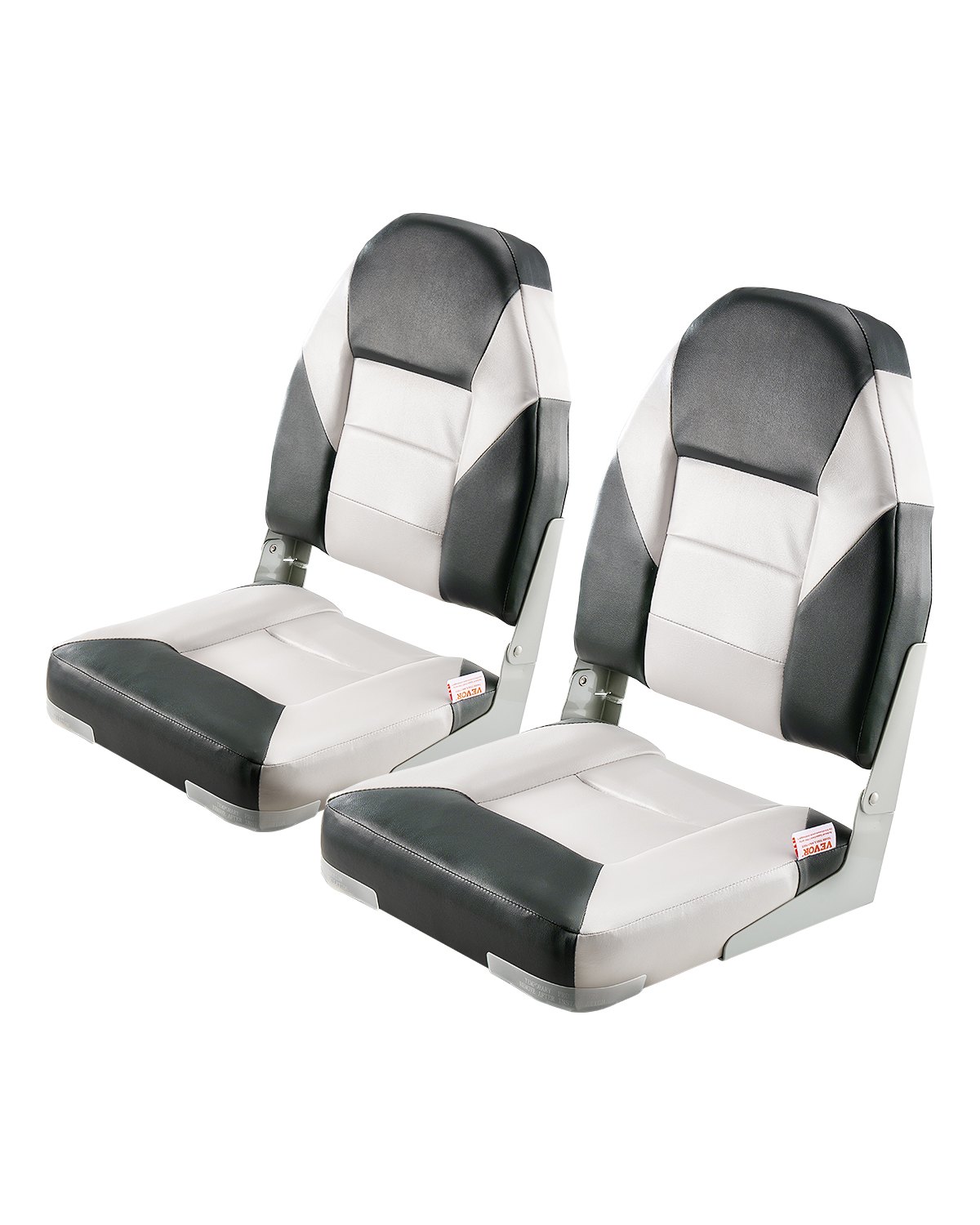 VEVOR 2-pak składanych siedzeń do łodzi rybackich z wysokim oparciem i grubą poduszką gąbkową oraz wodoodporną skórą PCV, zawiasami ze stopu aluminium, w kolorze czarnym i szarym