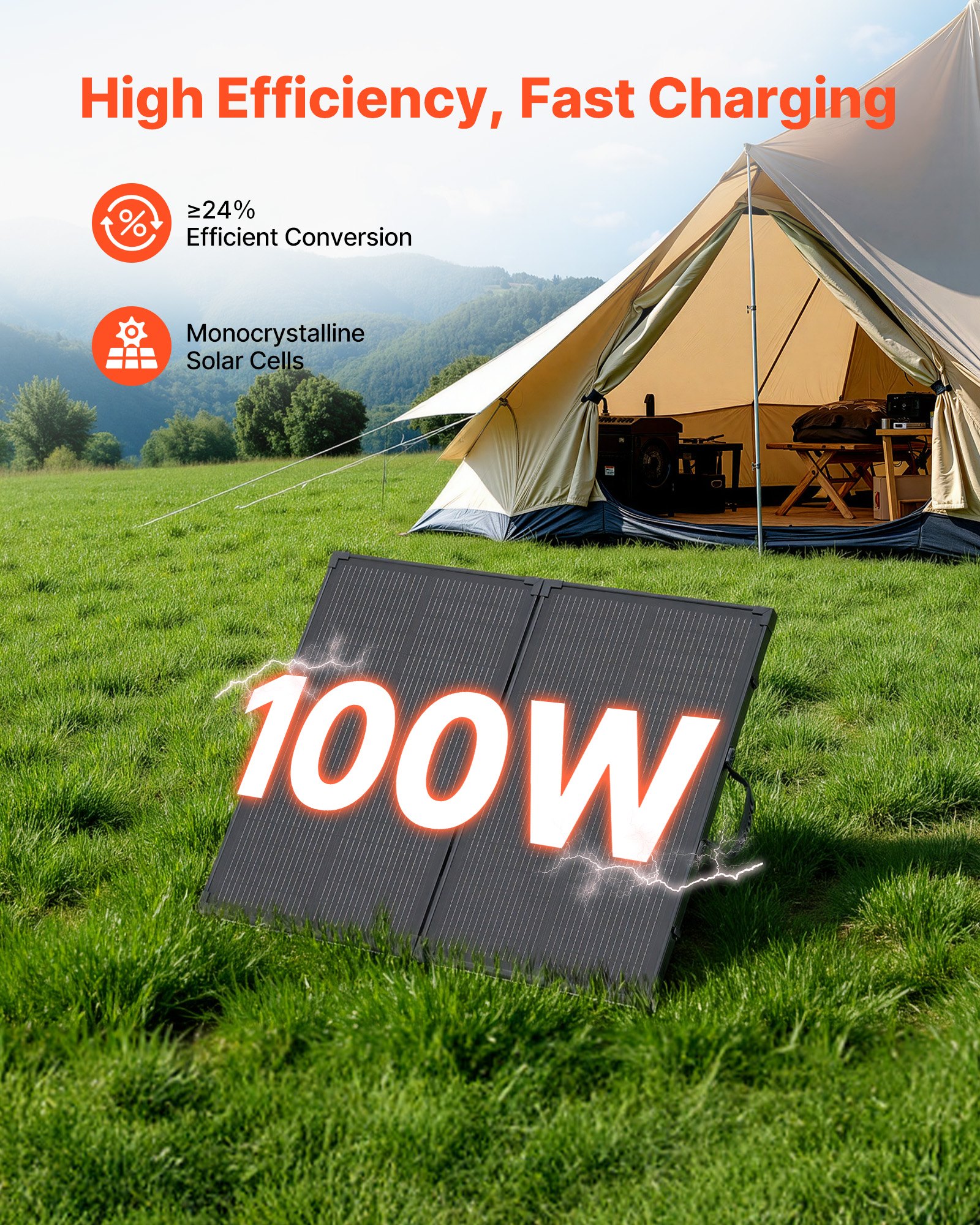 Składany panel słoneczny VEVOR 100 W, 16-punktowy moduł solarny typu N, monokrystaliczny, przenośny, z ramą, wydajność 24%, IP67, ładowarka z kontrolerem PWM 30 A i wyjściem MC4 do biwakowania i pieszych wędrówek