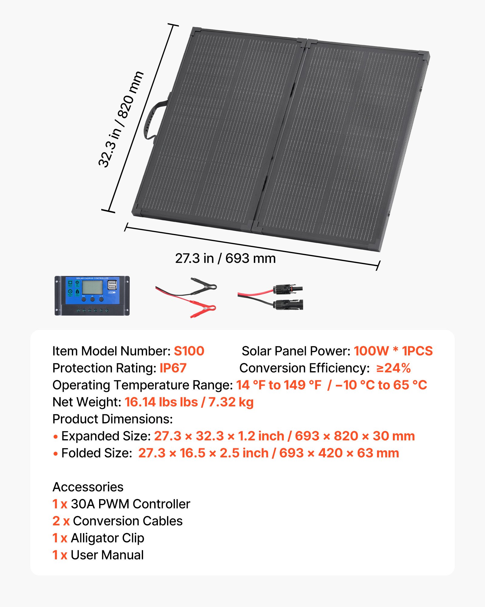Składany panel słoneczny VEVOR 100 W, 16-punktowy moduł solarny typu N, monokrystaliczny, przenośny, z ramą, wydajność 24%, IP67, ładowarka z kontrolerem PWM 30 A i wyjściem MC4 do biwakowania i pieszych wędrówek