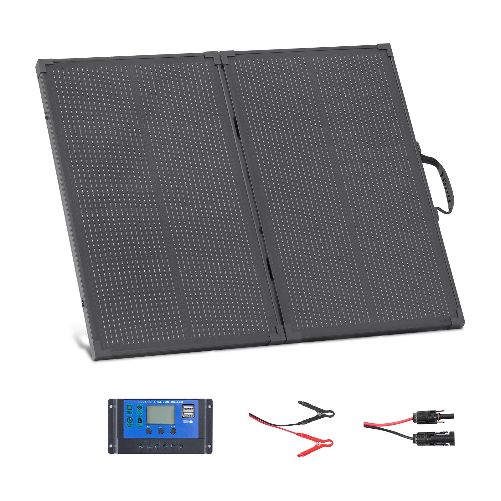 Składany panel słoneczny VEVOR 100 W, 16-punktowy moduł solarny typu N, monokrystaliczny, przenośny, z ramą, wydajność 24%, IP67, ładowarka z kontrolerem PWM 30 A i wyjściem MC4 do biwakowania i pieszych wędrówek
