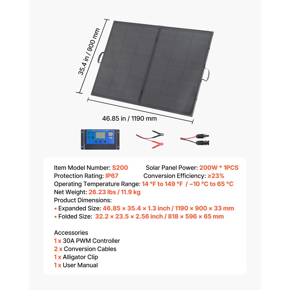 Składany panel słoneczny VEVOR 200 W, przenośny monokrystaliczny moduł słoneczny z regulatorem PWM 30 A, wyjściem i ramą MC4, wysoką wydajnością 23%, wodoodpornością IP67, idealny na kemping, piesze wycieczki i wyprawy kamperem
