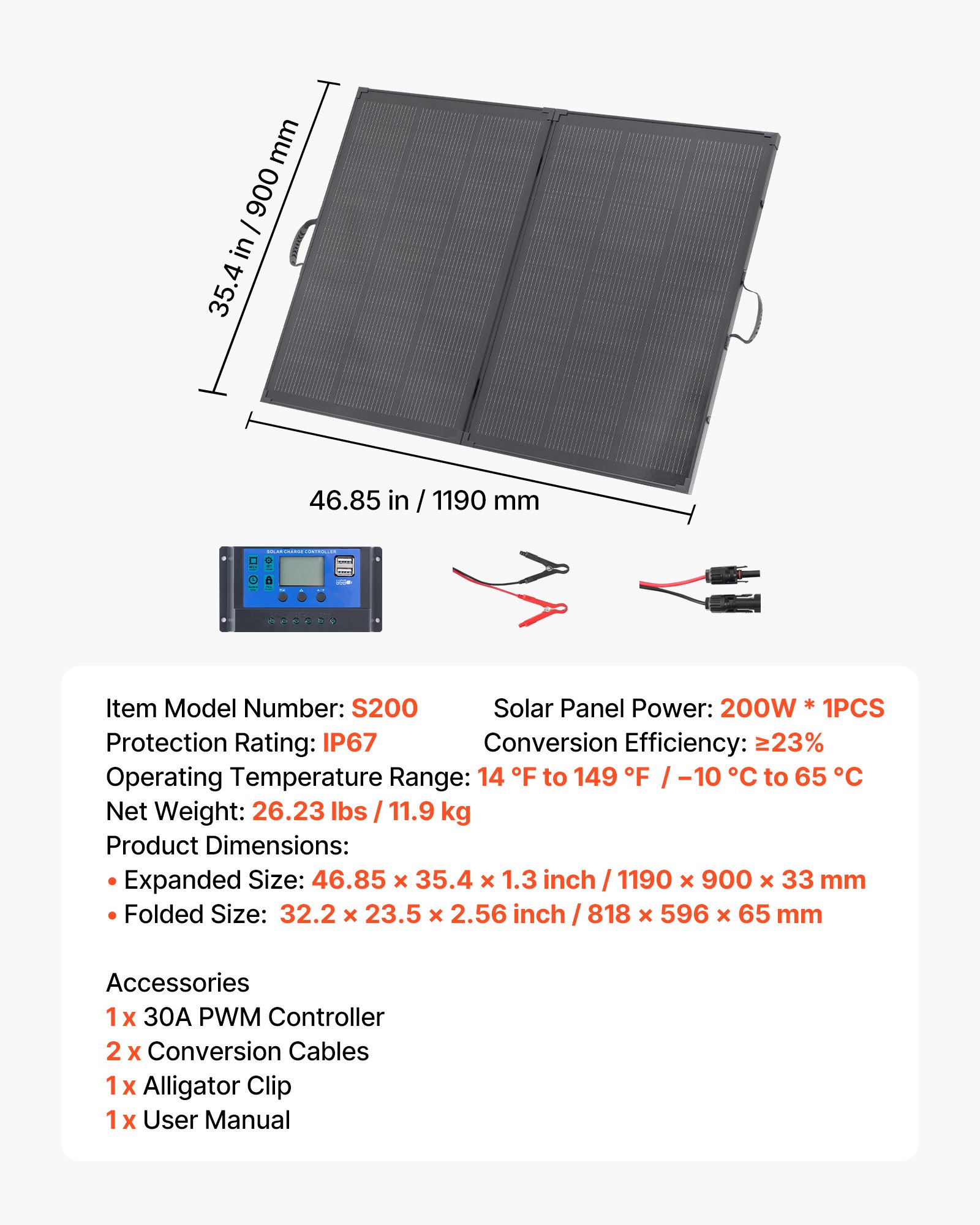Składany panel słoneczny VEVOR 200 W, przenośny monokrystaliczny moduł słoneczny z regulatorem PWM 30 A, wyjściem i ramą MC4, wysoką wydajnością 23%, wodoodpornością IP67, idealny na kemping, piesze wycieczki i wyprawy kamperem