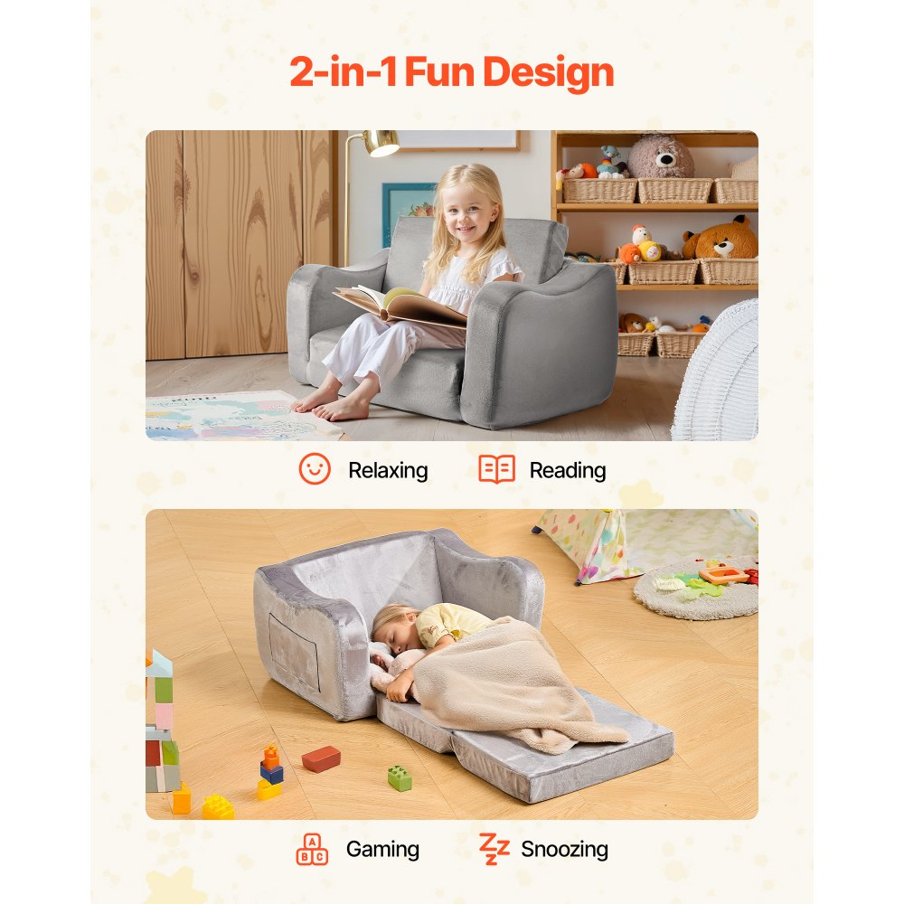 VEVOR 2-in-1 Kids Sofa, Foldable Toddler Soft Couch with Armrests, Made of 28D Sponge & Short Pile, Convertible Toddler Chair to Lounger, Kid Couch Fold Out for Fun Playtime or Comfy Lounging, M, Gray