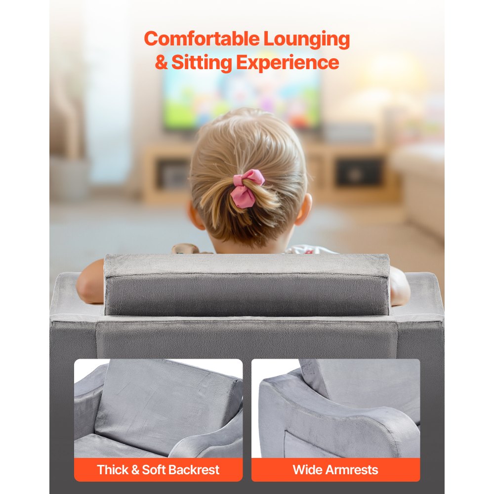 VEVOR 2-in-1 Kids Sofa, Foldable Toddler Soft Couch with Armrests, Made of 28D Sponge & Short Pile, Convertible Toddler Chair to Lounger, Kid Couch Fold Out for Fun Playtime or Comfy Lounging, M, Gray