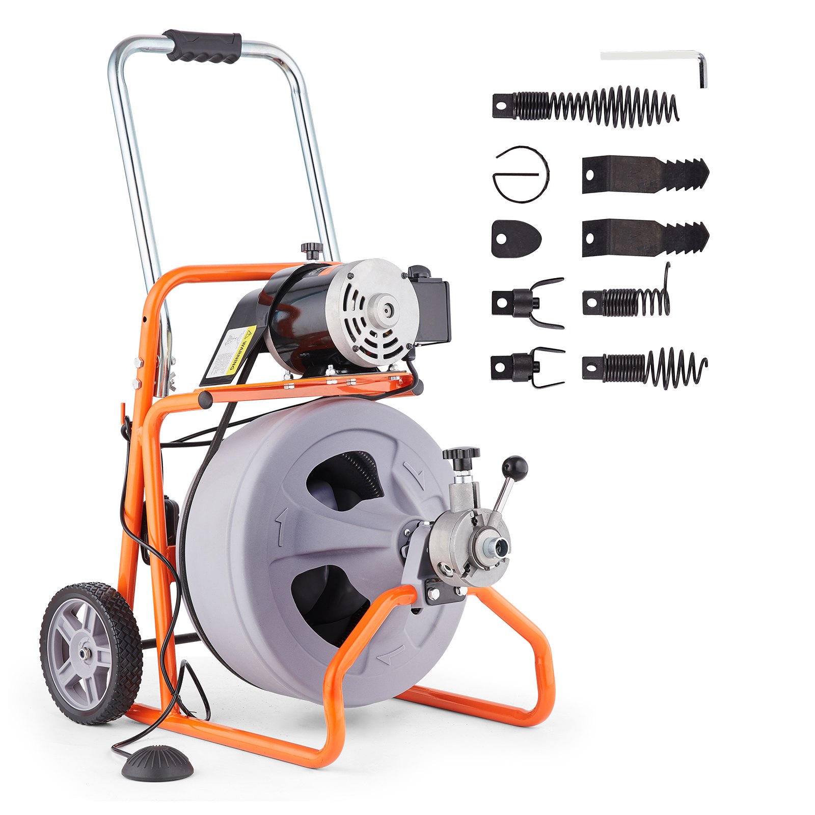 VEVOR Pipe Cleaning Machine 75 ft x 1/2 in, Automatic Pipe Cleaning Spiral on Wheels, Portable Pipe Cleaning Machine with 8 Cutters and Air Activated Foot Switch for 2 to 4 Inch Pipes