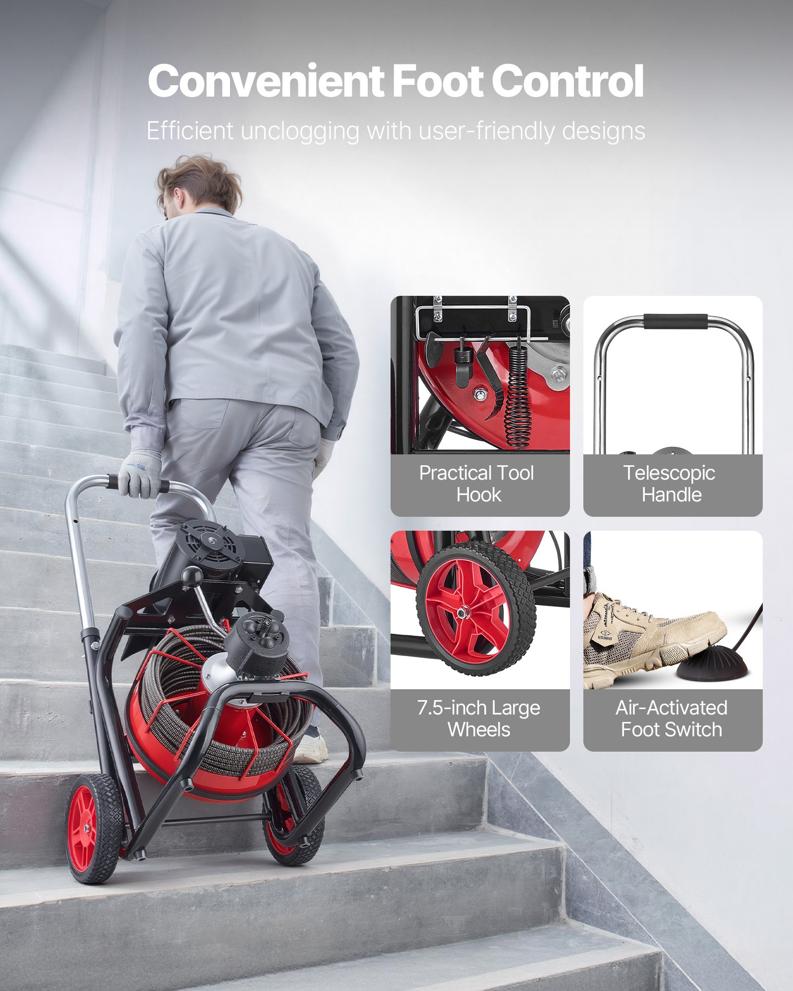 Maszyna do czyszczenia rur VEVOR φ13 mm x 30 m, spirala czyszcząca z kółkami, automatyczny posuw, 8 ostrzy tnących i pneumatyczny włącznik nożny, urządzenie do czyszczenia rur o średnicy od 50 do 150 mm