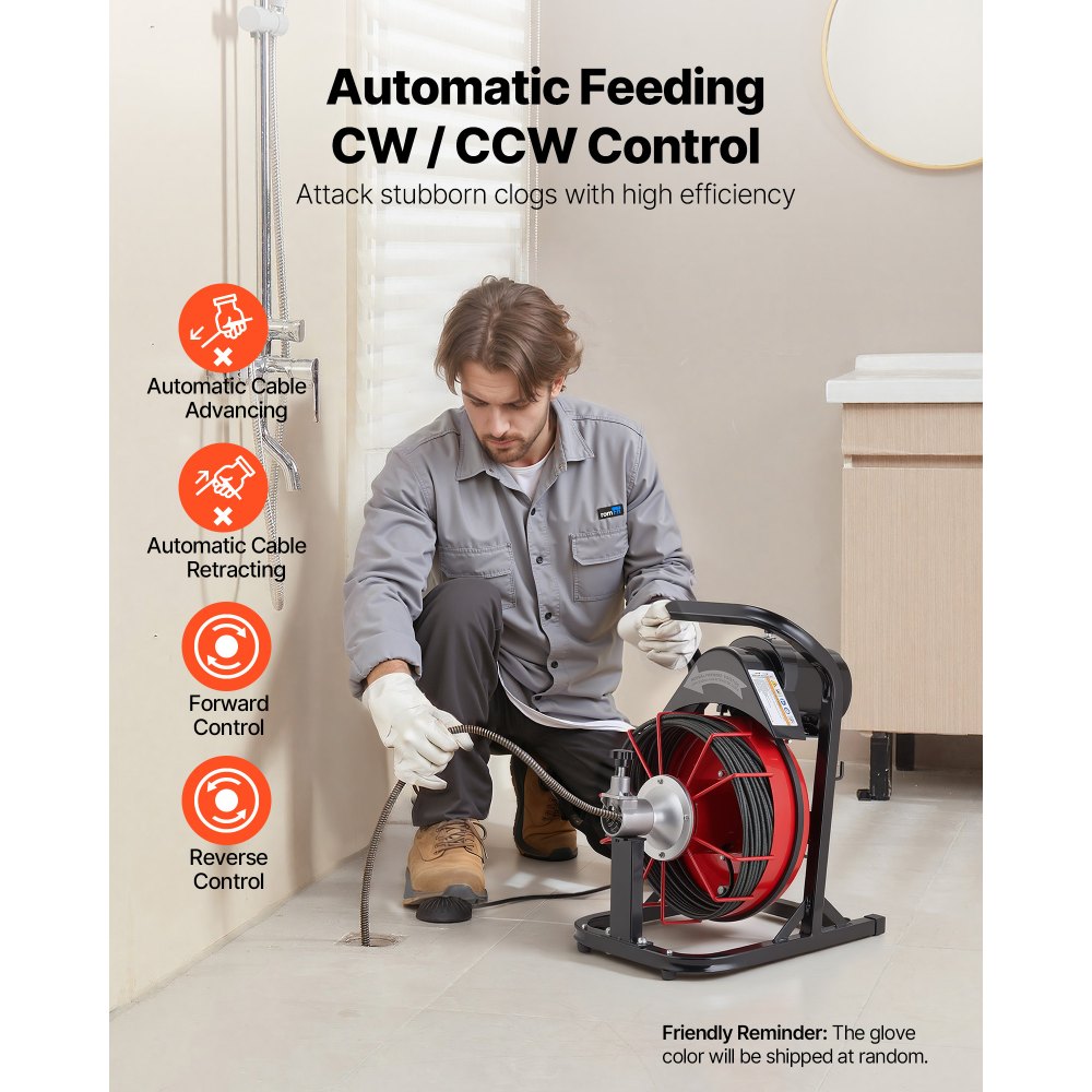 VEVOR Drain Cleaner Machine 15m x 8mm, Auto Feed Sewer Snake Auger with 4 Cutters & Air-activated Foot Switch for 50mm to 100mm Pipes