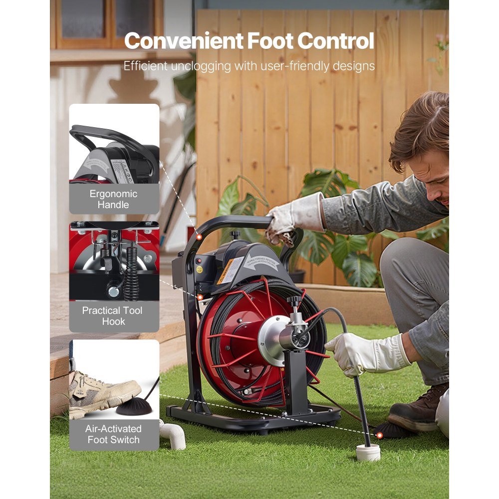 VEVOR Drain Cleaner Machine 15m x 8mm, Auto Feed Sewer Snake Auger with 4 Cutters & Air-activated Foot Switch for 50mm to 100mm Pipes
