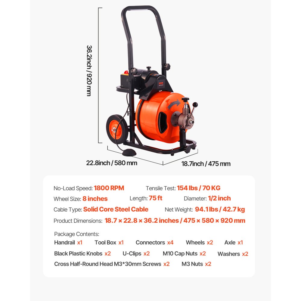 VEVOR Elektryczna maszyna do czyszczenia odpływów 220 V, 23 m x 12,7 mm, stalowa linka, spirala do czyszczenia odpływów, prędkość bez obciążenia 1500 obr./min, maszyna do czyszczenia odpływów, narzędzia do czyszczenia