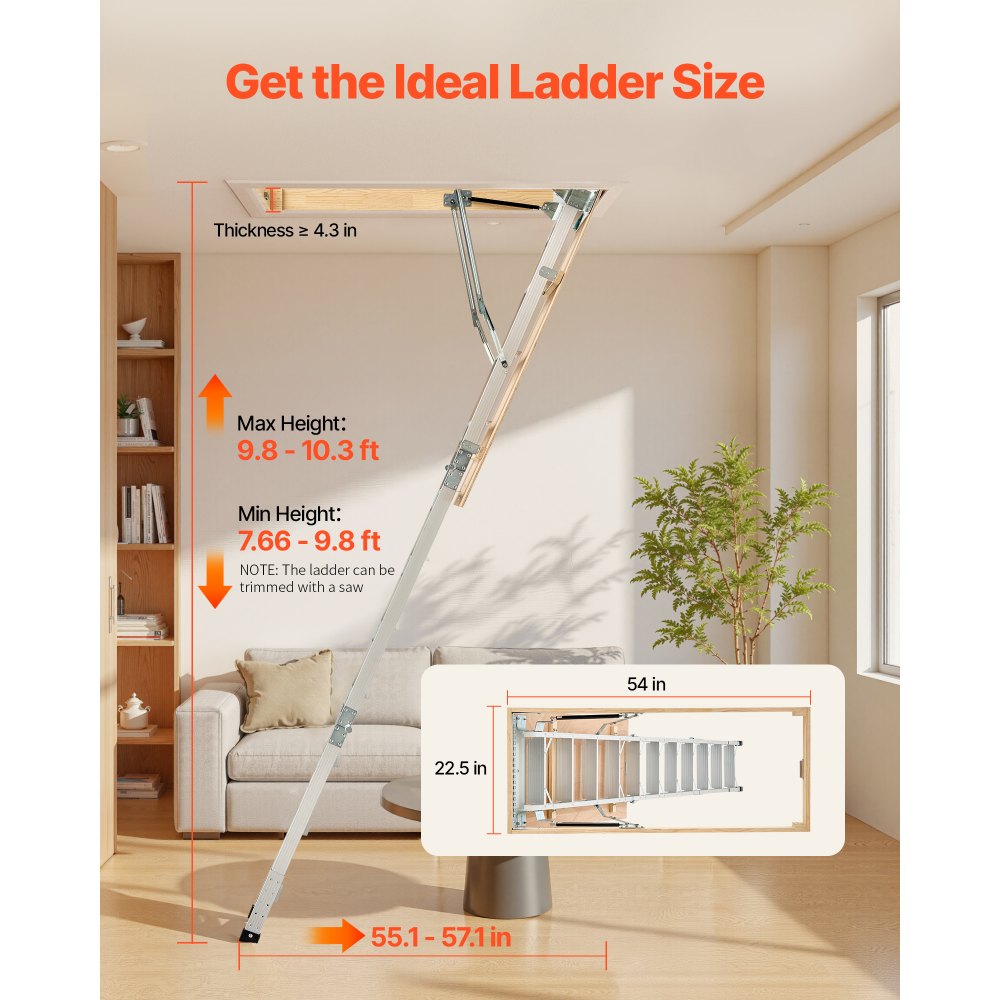 VEVOR attic ladder, load capacity 170 kg, height-adjustable attic ladder from 3 to 3.13 m, foldable aluminum attic stairs, ideal for attic access and upper-floor balconies