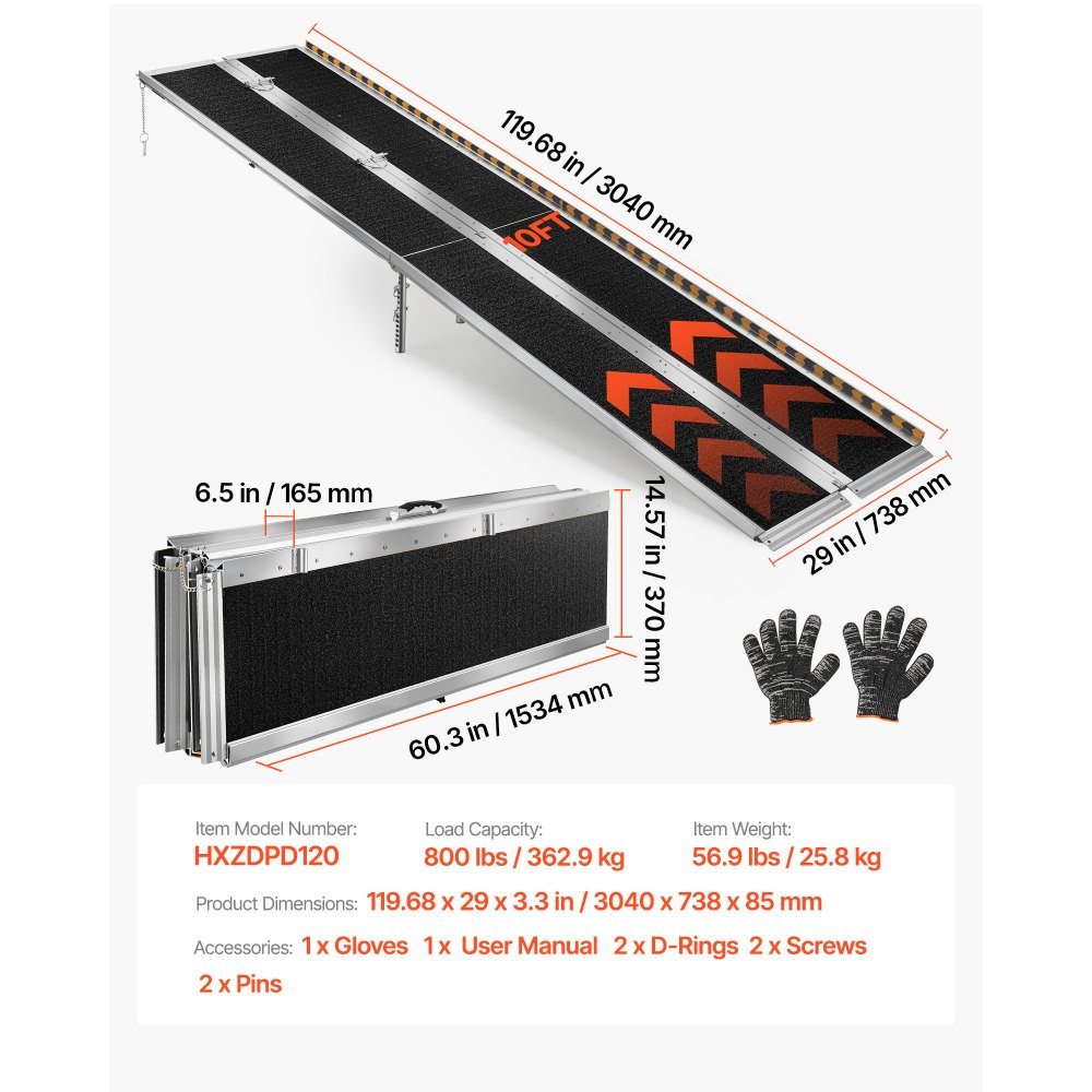 VEVOR Składana rampa dla wózków inwalidzkich 3045 x 745 mm, 362,9 kg, wytrzymała, z powierzchnią antypoślizgową i regulowanymi nóżkami podporowymi 170-400 mm, przenośna rampa dla wózków inwalidzkich do progów drzwi i krawężników