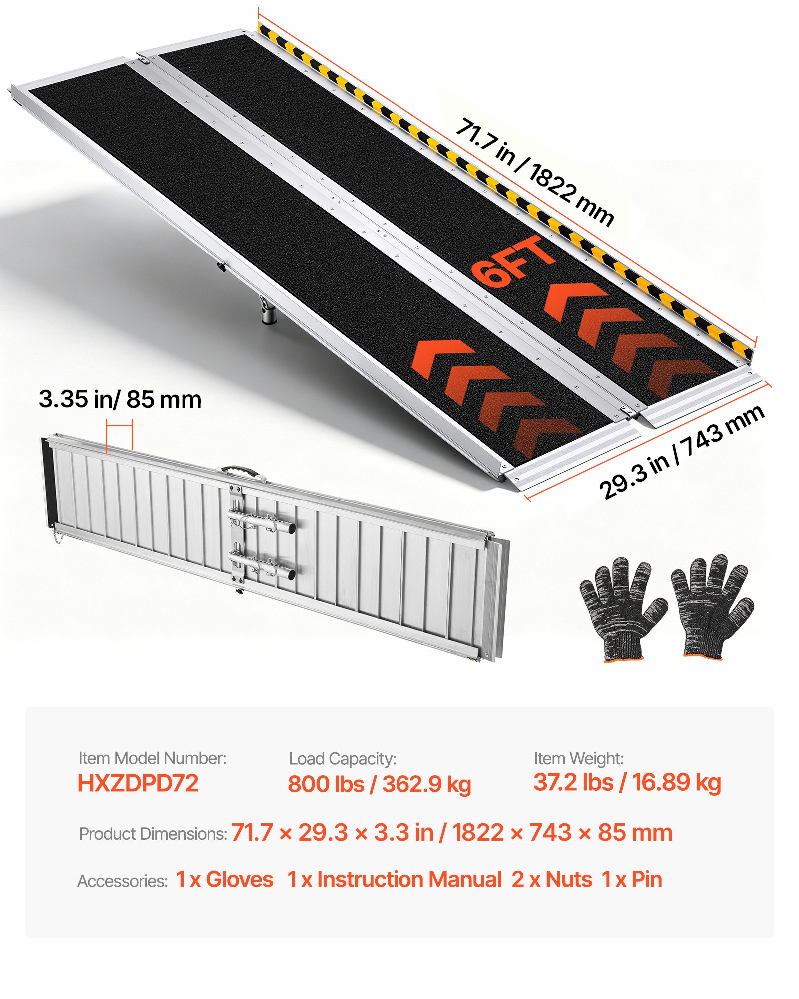 VEVOR Składana rampa dla wózków inwalidzkich 1830 x 745 mm, 362,9 kg, wytrzymała, z powierzchnią antypoślizgową i regulowanymi nóżkami podporowymi 110-210 mm, przenośna rampa dla wózków inwalidzkich do progów drzwi i krawężników